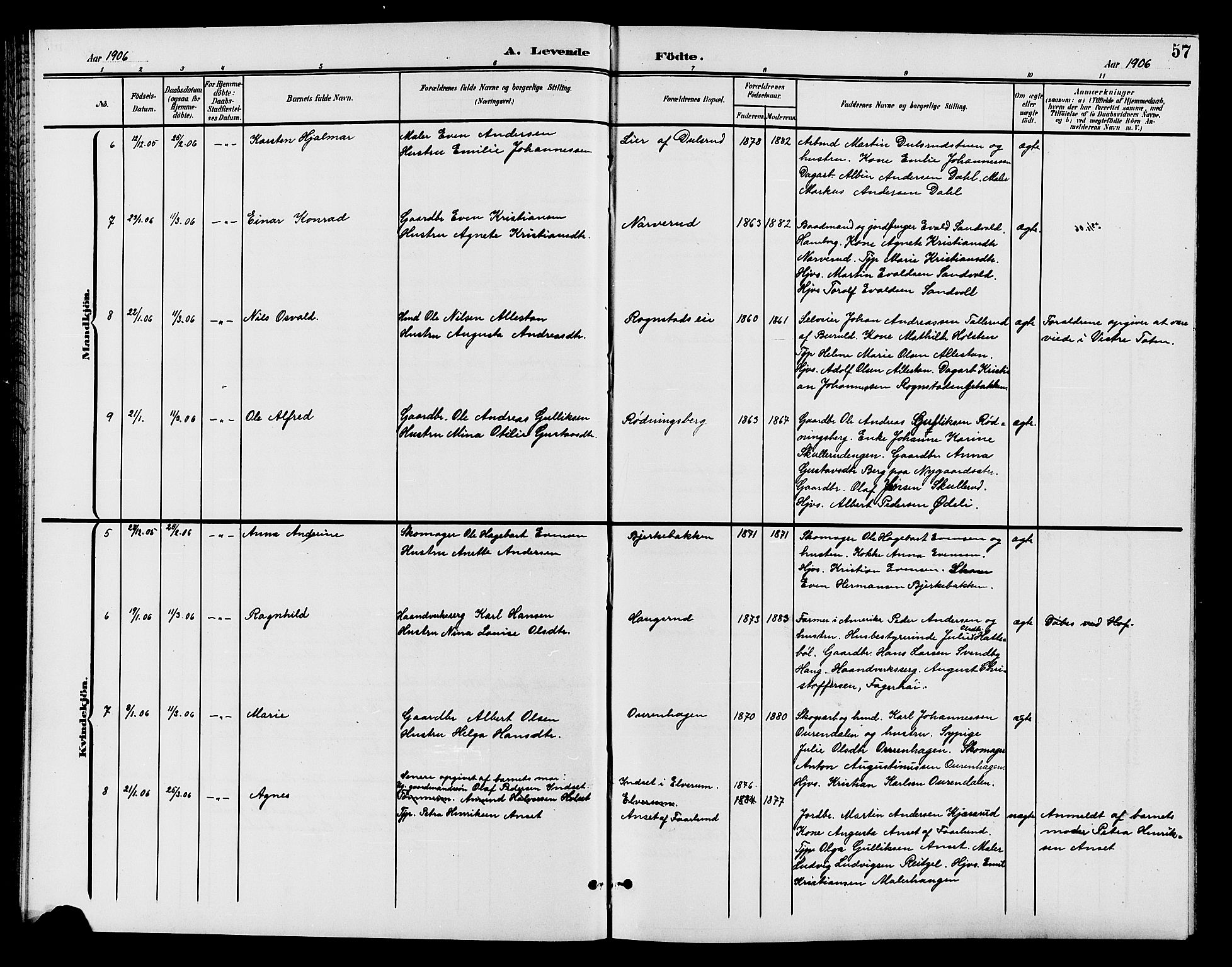 Østre Toten prestekontor, SAH/PREST-104/H/Ha/Hab/L0007: Parish register (copy) no. 7, 1901-1912, p. 57