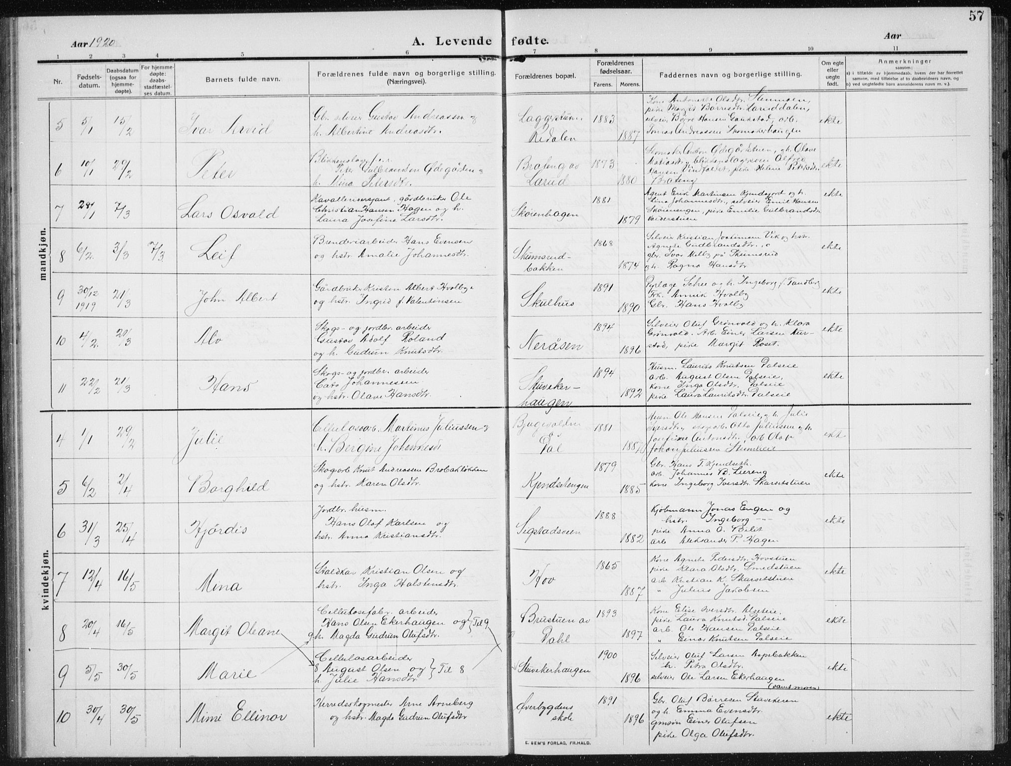 Biri prestekontor, SAH/PREST-096/H/Ha/Hab/L0006: Parish register (copy) no. 6, 1909-1938, p. 57