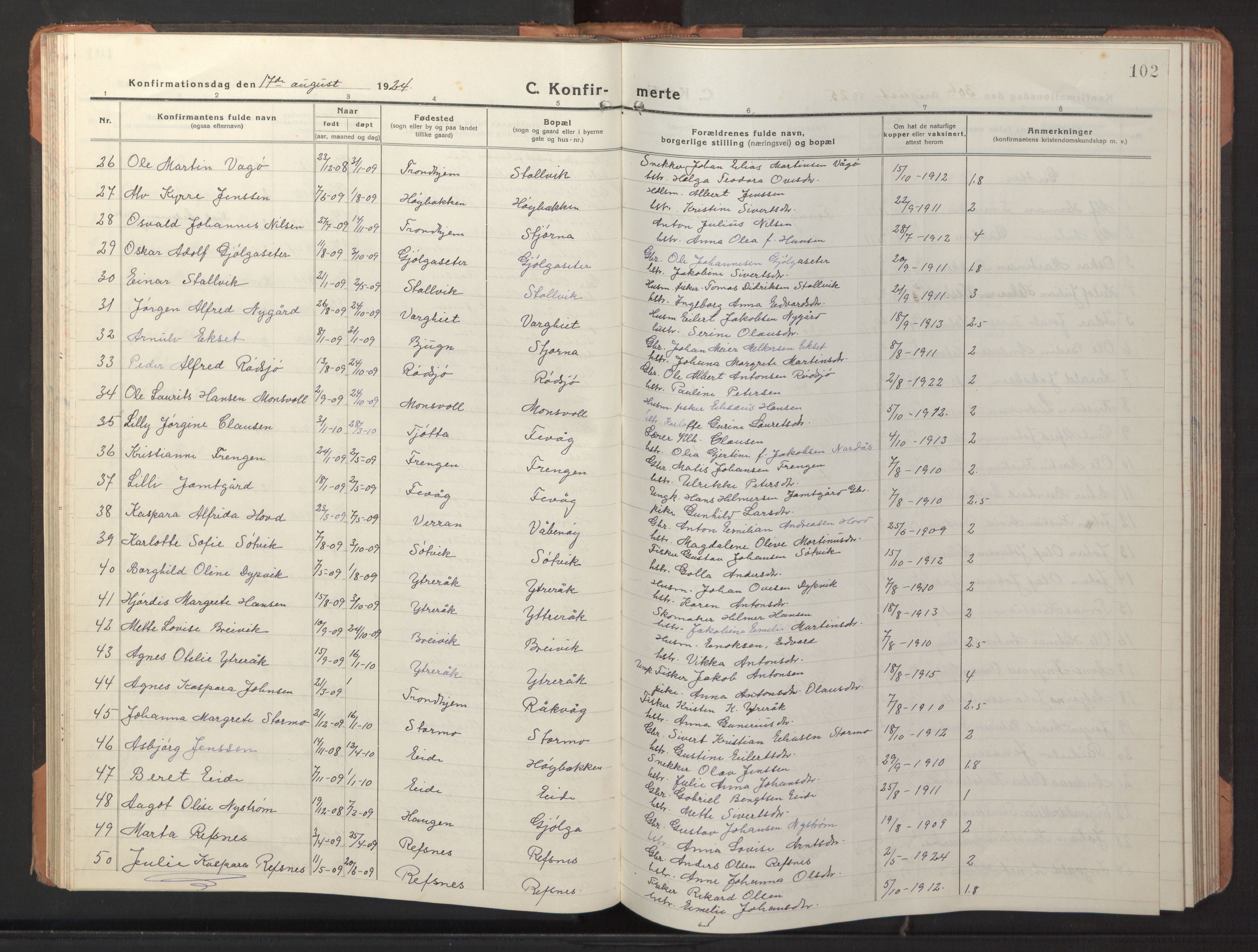 Ministerialprotokoller, klokkerbøker og fødselsregistre - Sør-Trøndelag, SAT/A-1456/653/L0658: Parish register (copy) no. 653C02, 1919-1947, p. 102
