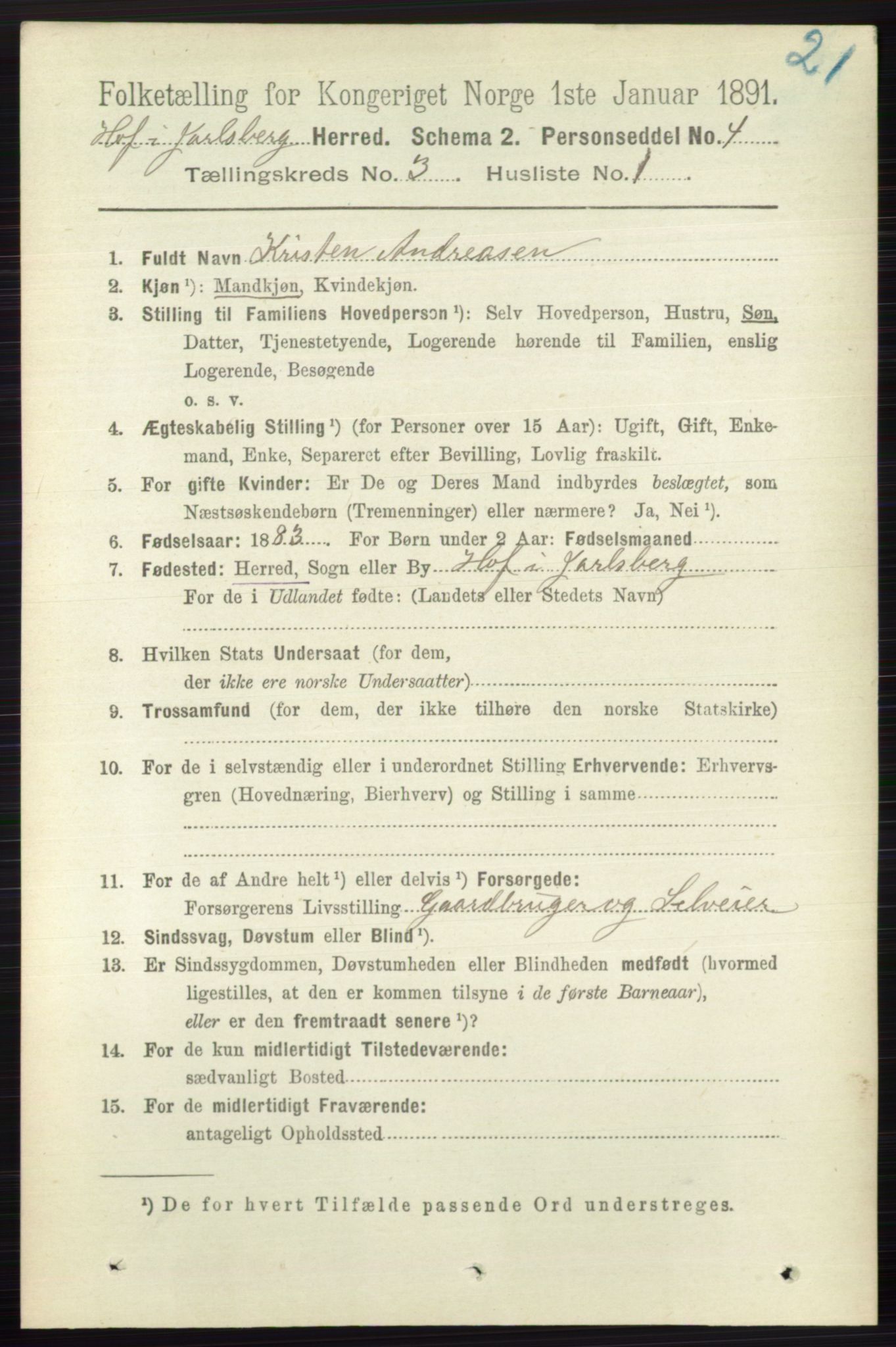 RA, 1891 census for 0714 Hof, 1891, p. 884