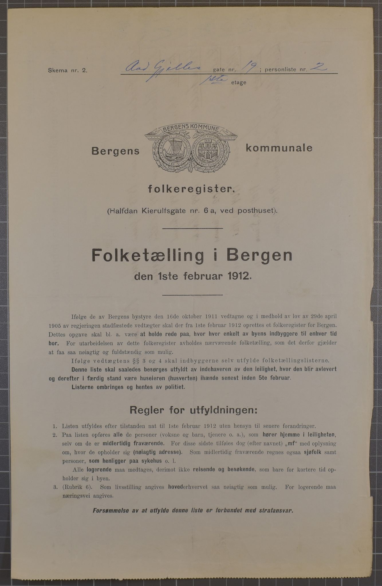 SAB, Municipal Census 1912 for Bergen, 1912, p. 73