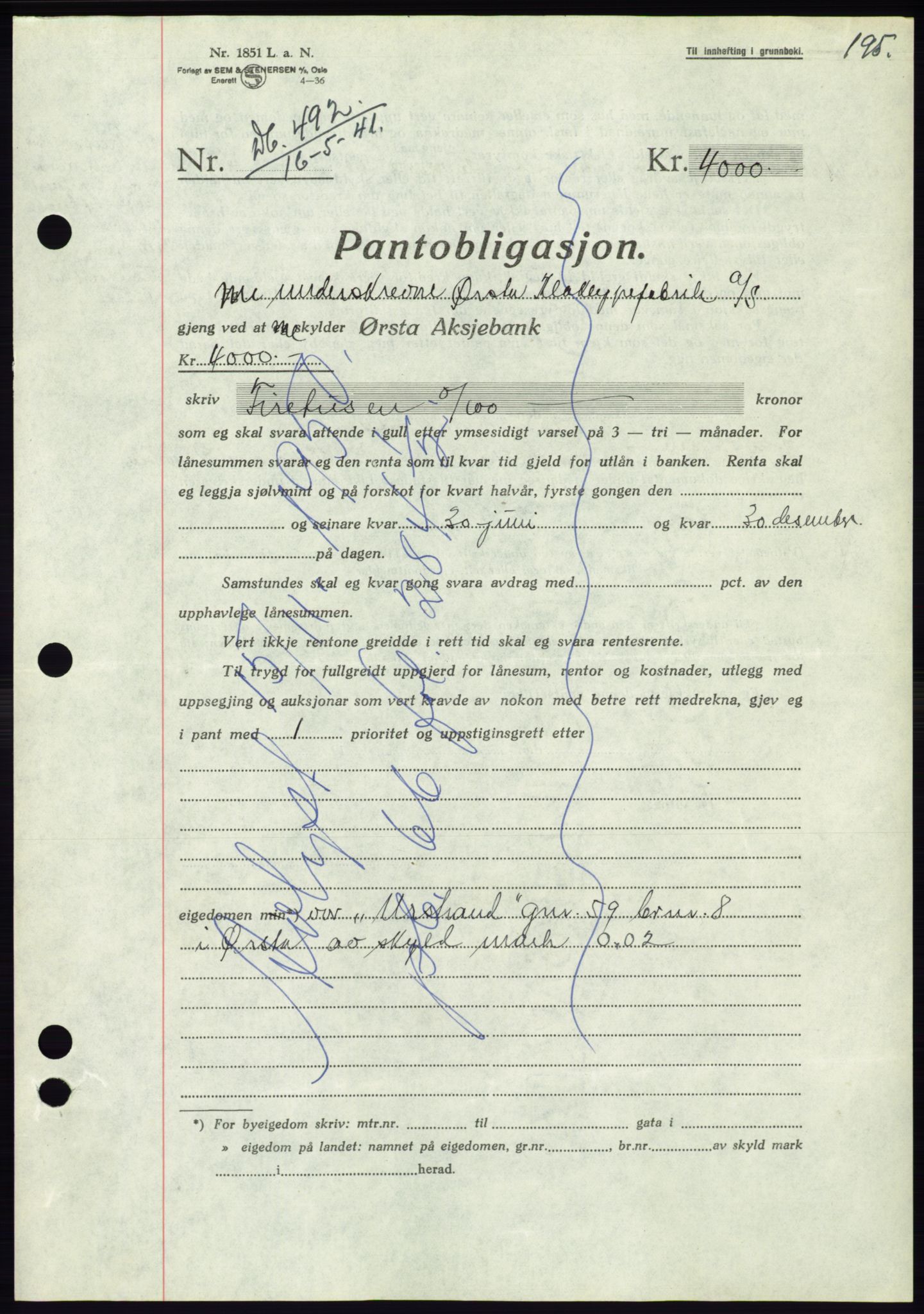 Søre Sunnmøre sorenskriveri, AV/SAT-A-4122/1/2/2C/L0071: Mortgage book no. 65, 1941-1941, Diary no: : 492/1941