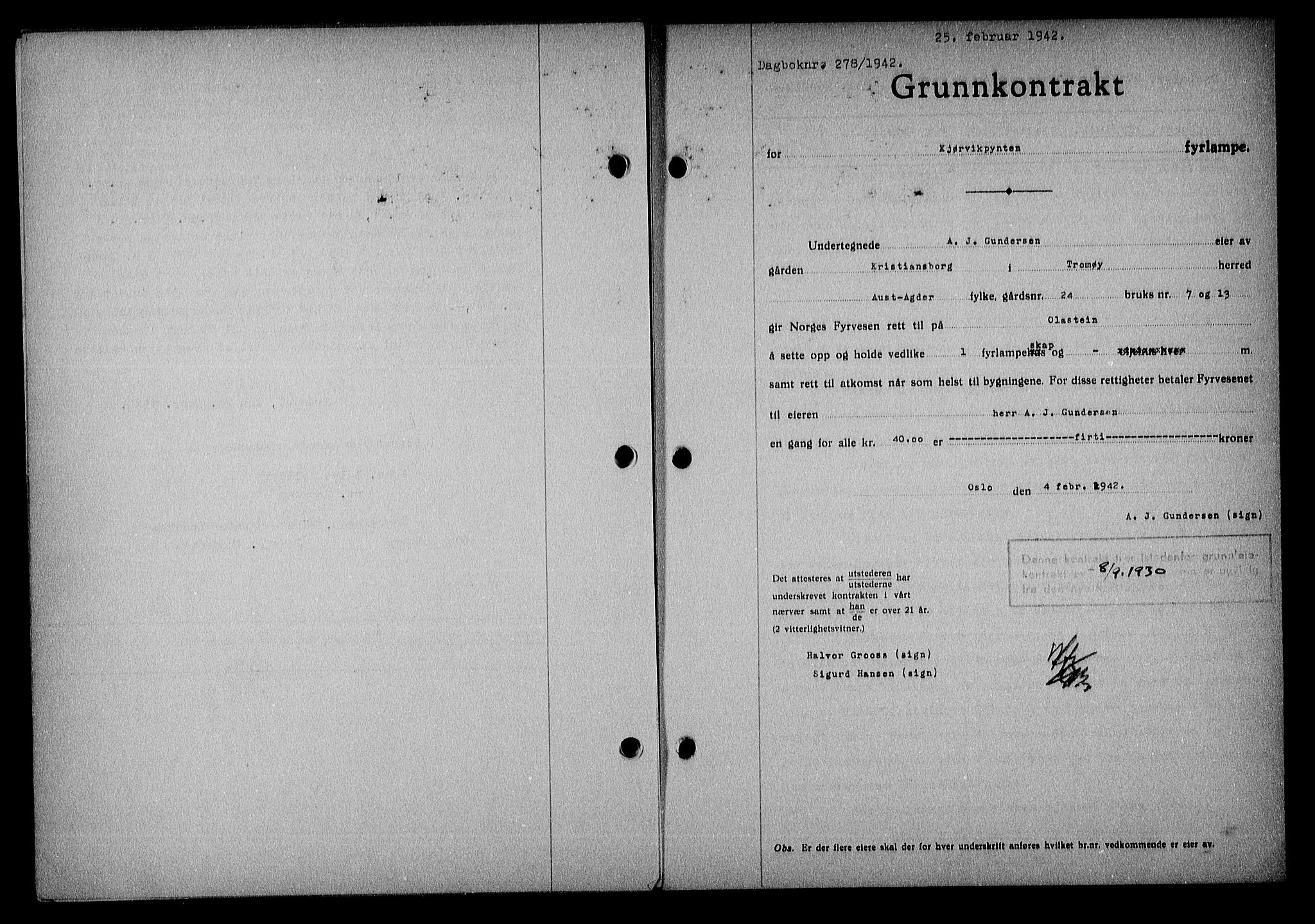 Nedenes sorenskriveri, SAK/1221-0006/G/Gb/Gba/L0049: Mortgage book no. A-III, 1941-1942, Diary no: : 278/1942