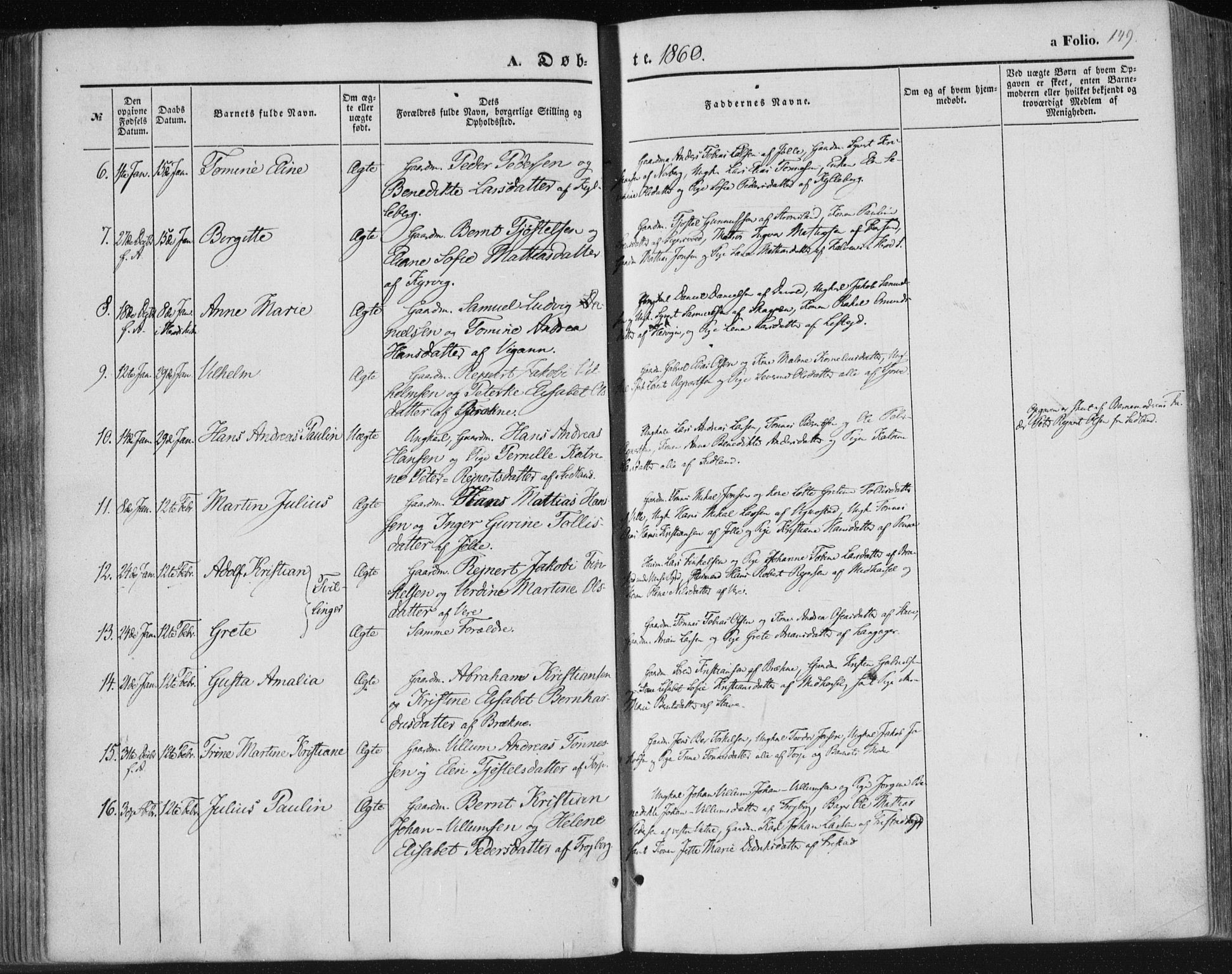 Lista sokneprestkontor, SAK/1111-0027/F/Fa/L0010: Parish register (official) no. A 10, 1846-1861, p. 149