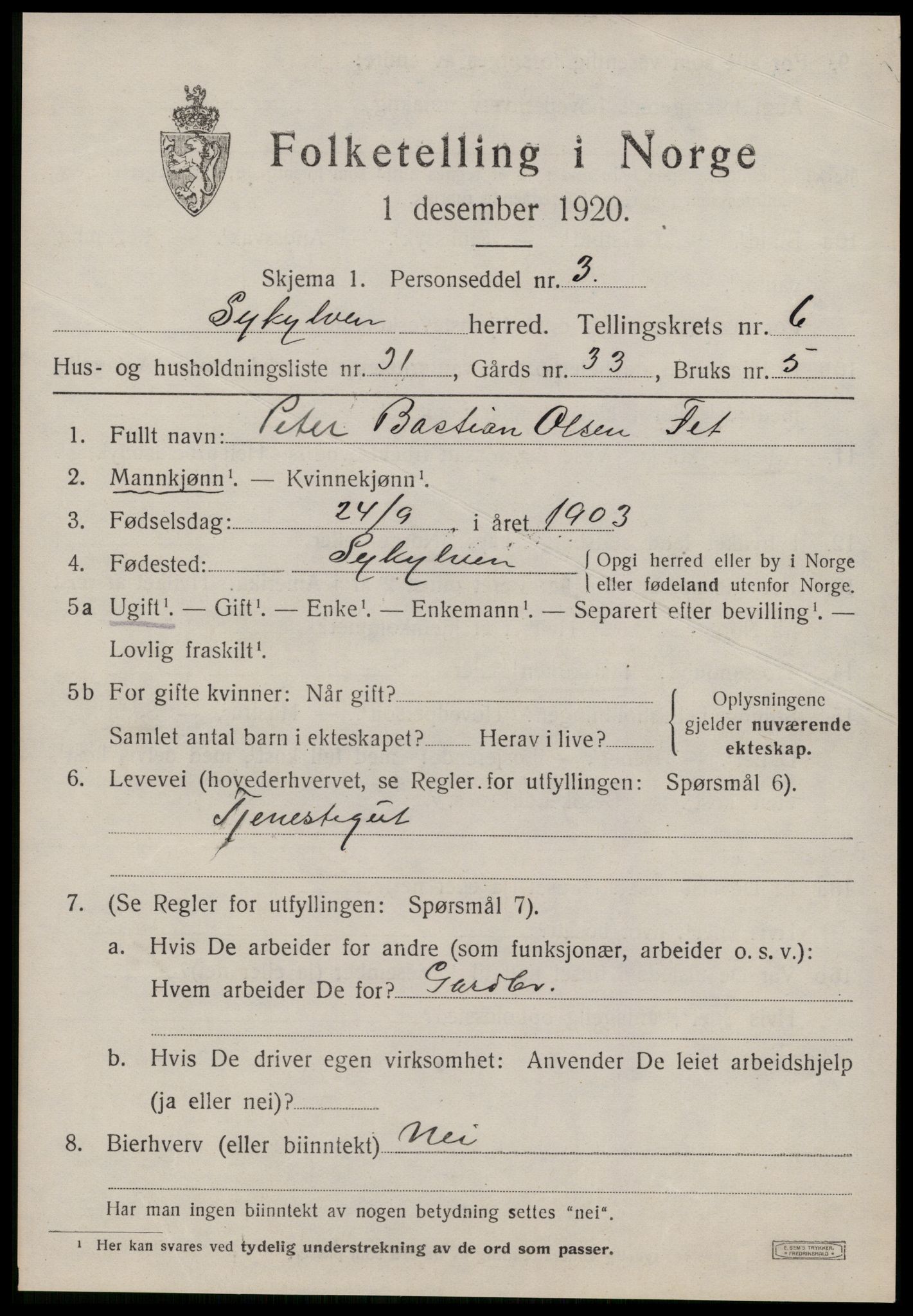 SAT, 1920 census for Sykkylven, 1920, p. 3999