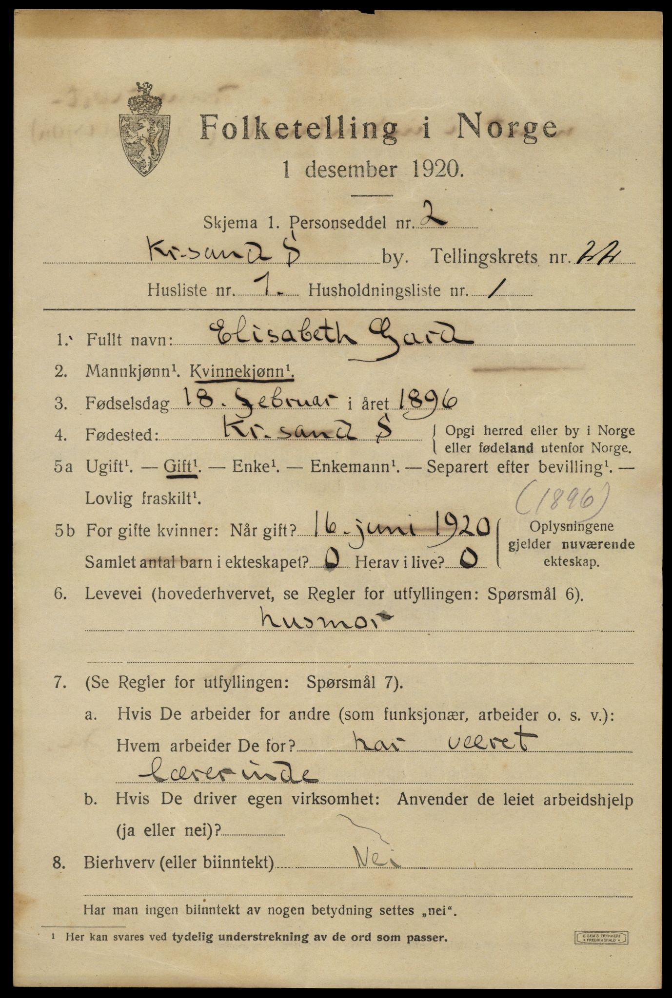 SAK, 1920 census for Kristiansand, 1920, p. 38399