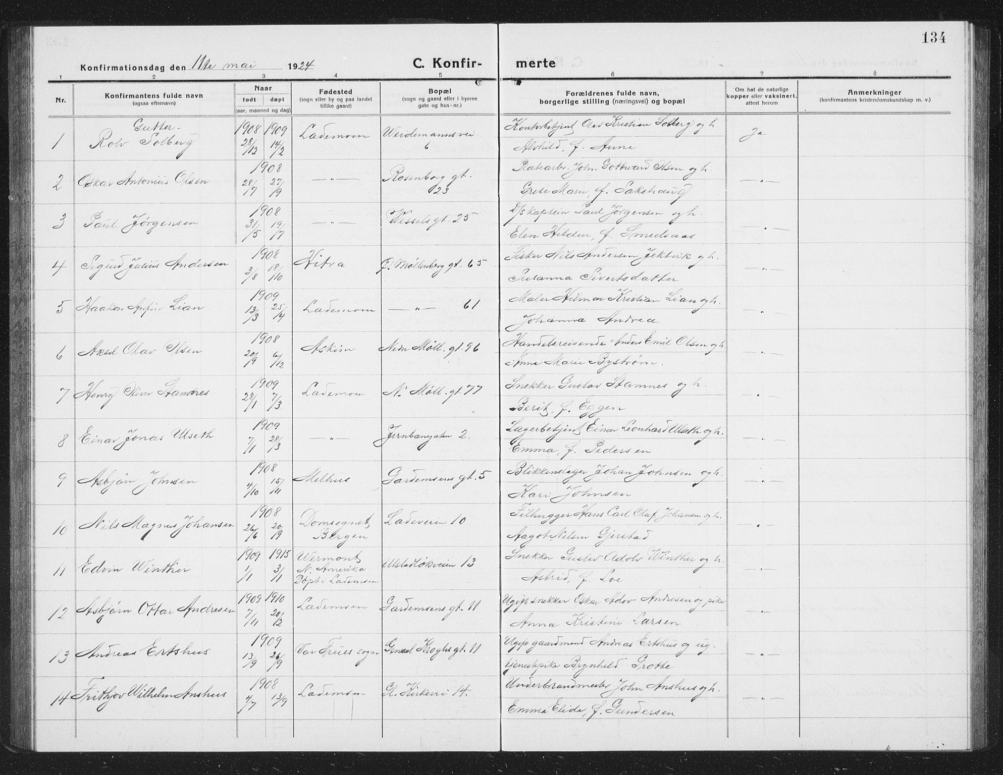 Ministerialprotokoller, klokkerbøker og fødselsregistre - Sør-Trøndelag, SAT/A-1456/605/L0258: Parish register (copy) no. 605C05, 1918-1930, p. 134
