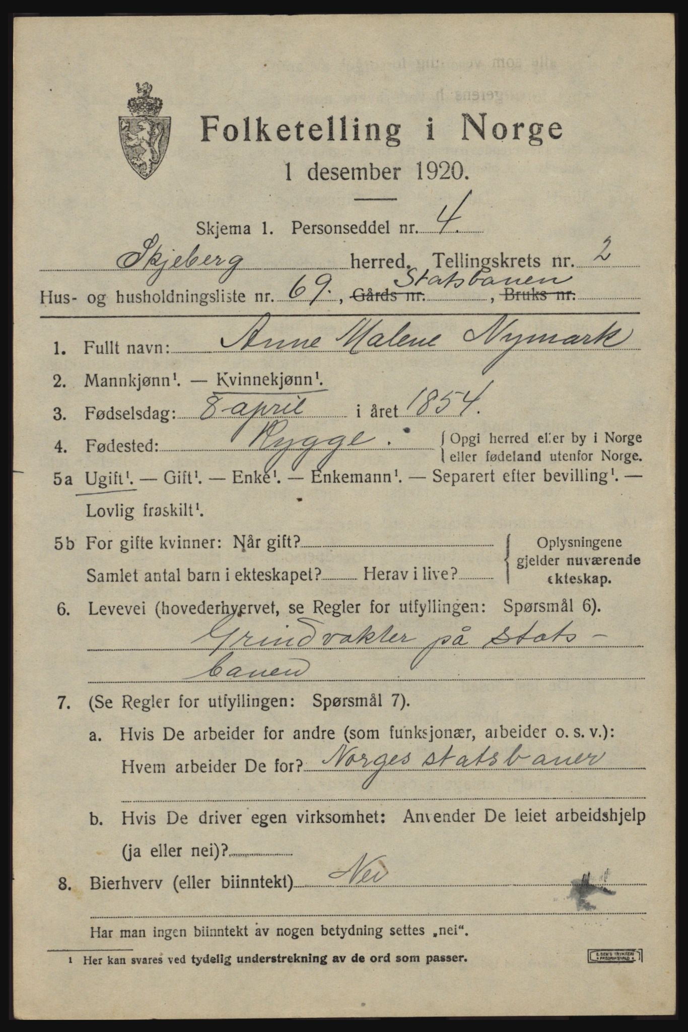 SAO, 1920 census for Skjeberg, 1920, p. 4349