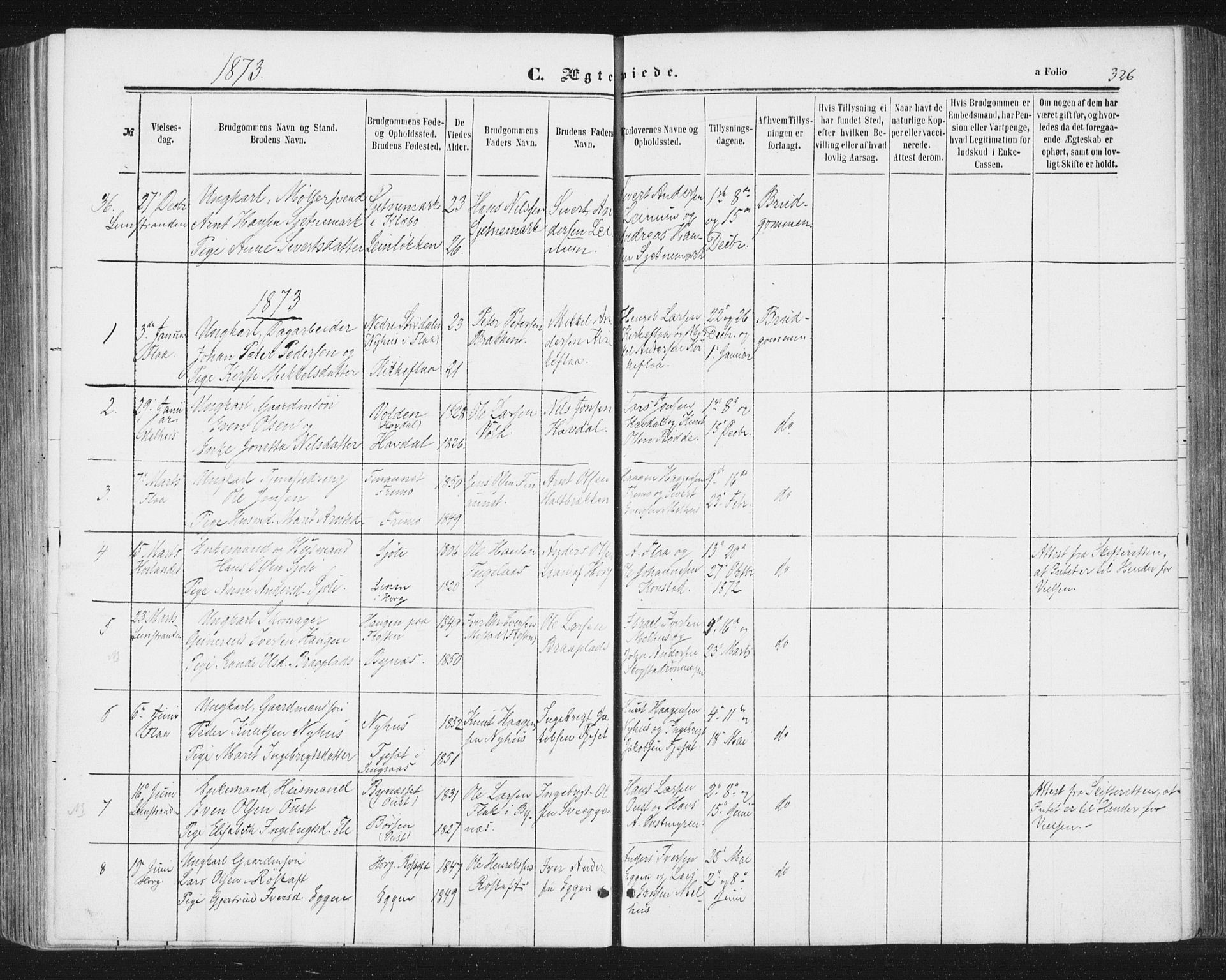 Ministerialprotokoller, klokkerbøker og fødselsregistre - Sør-Trøndelag, SAT/A-1456/691/L1077: Parish register (official) no. 691A09, 1862-1873, p. 326