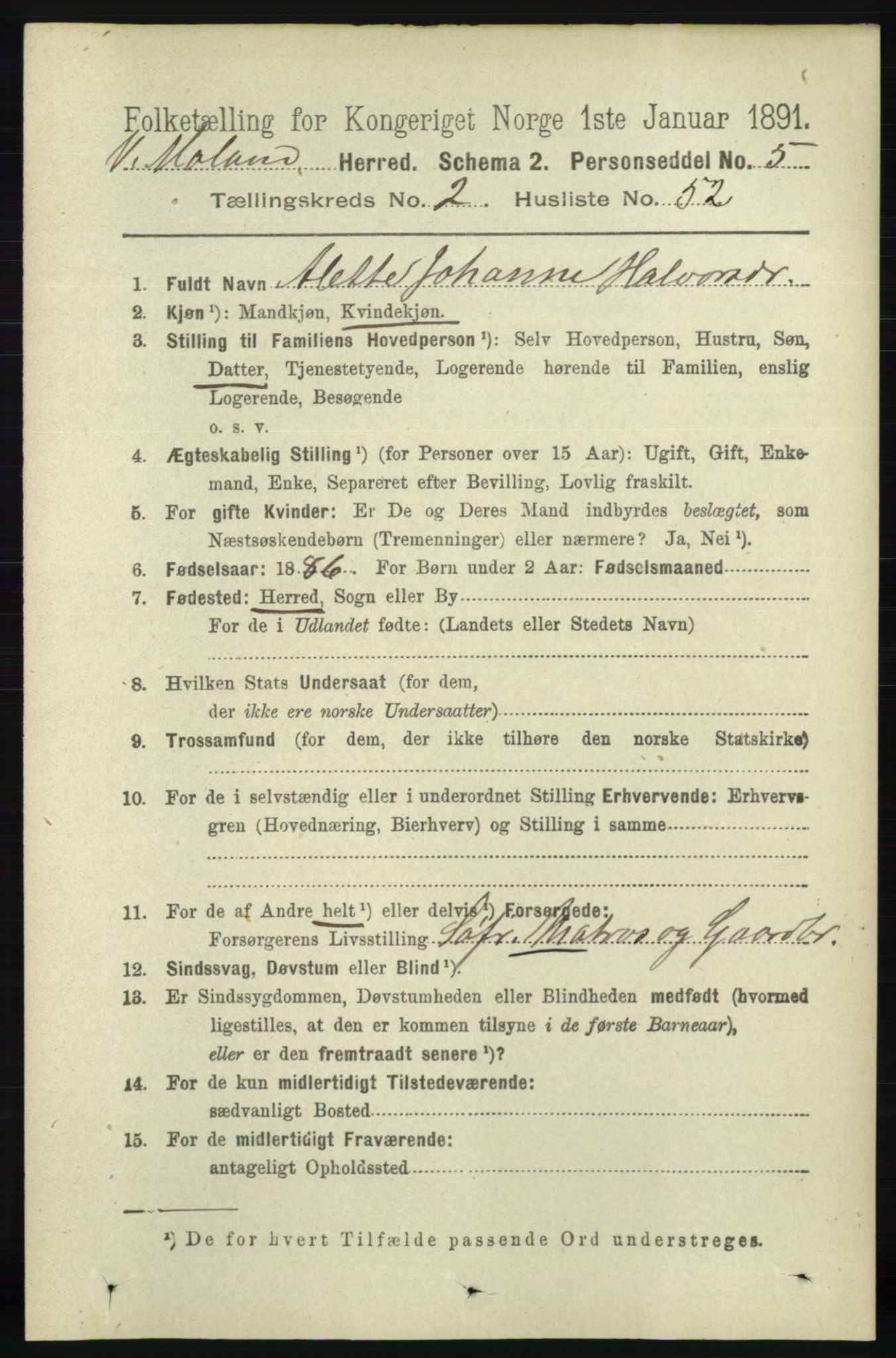 RA, 1891 census for 0926 Vestre Moland, 1891, p. 899