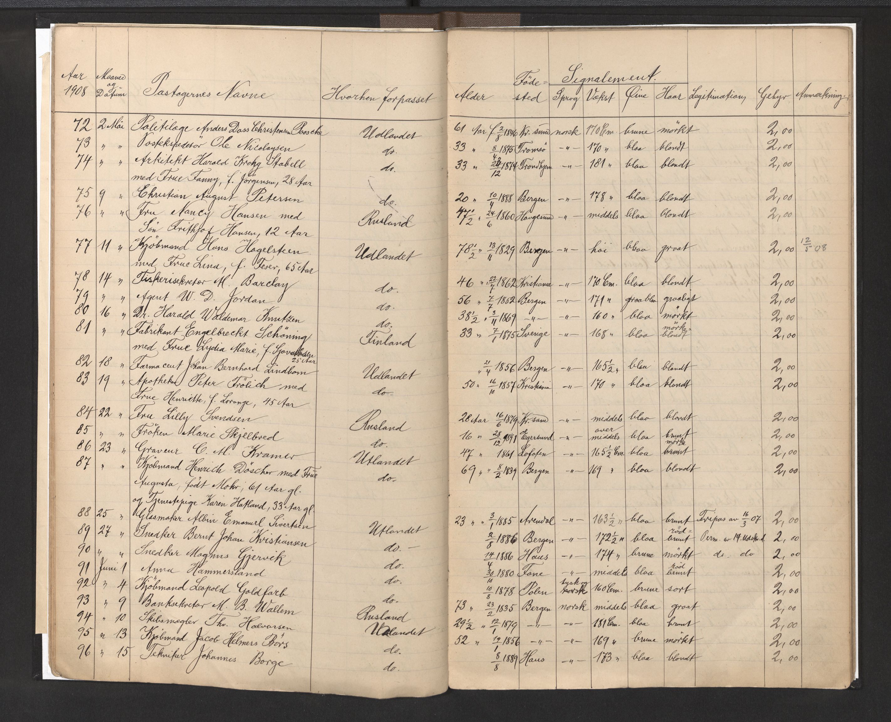 Bergen politikammer / politidistrikt, AV/SAB-A-60401/L/La/Lab/L0010: Passprotokoll, 1907-1913