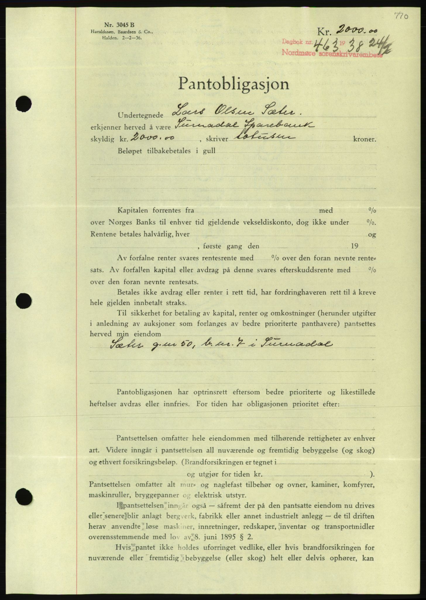 Nordmøre sorenskriveri, AV/SAT-A-4132/1/2/2Ca/L0092: Mortgage book no. B82, 1937-1938, Diary no: : 463/1938