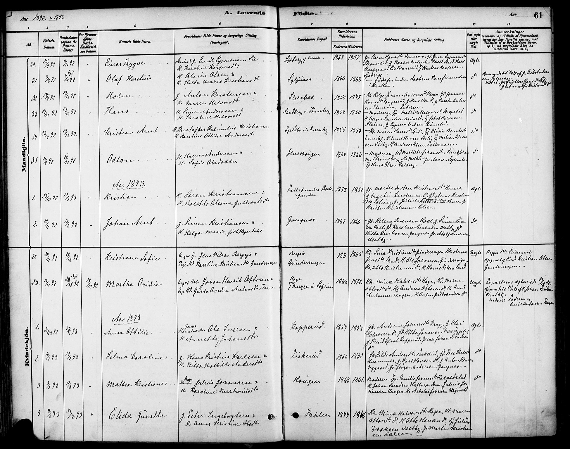 Høland prestekontor Kirkebøker, SAO/A-10346a/F/Fb/L0001: Parish register (official) no. II 1, 1880-1897, p. 61