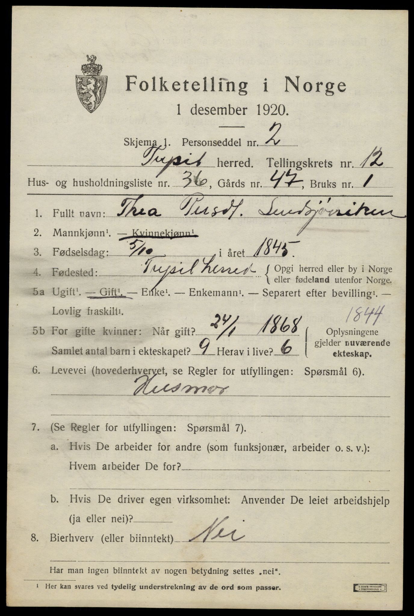 SAH, 1920 census for Trysil, 1920, p. 7589