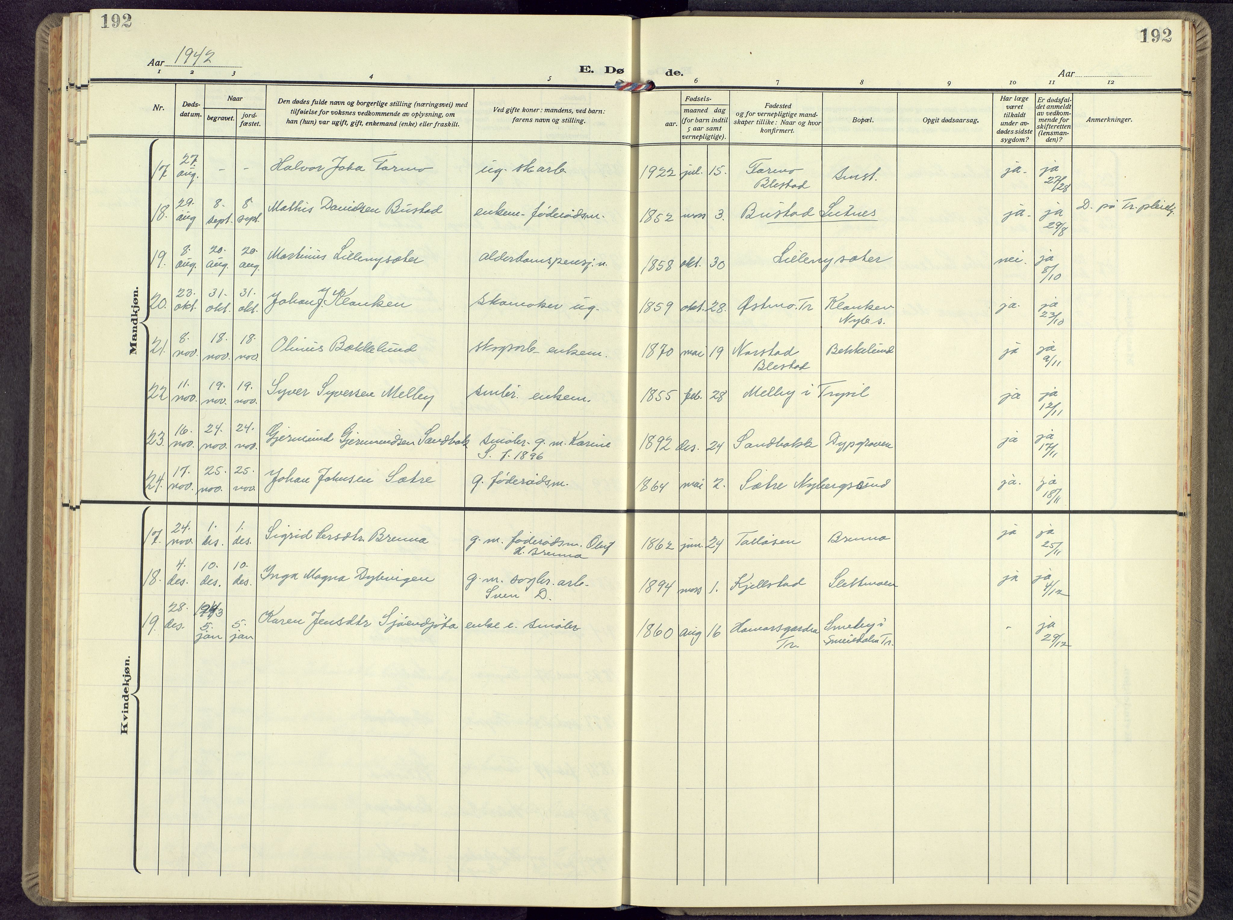 Trysil prestekontor, SAH/PREST-046/H/Ha/Hab/L0012: Parish register (copy) no. 12, 1938-1959, p. 192