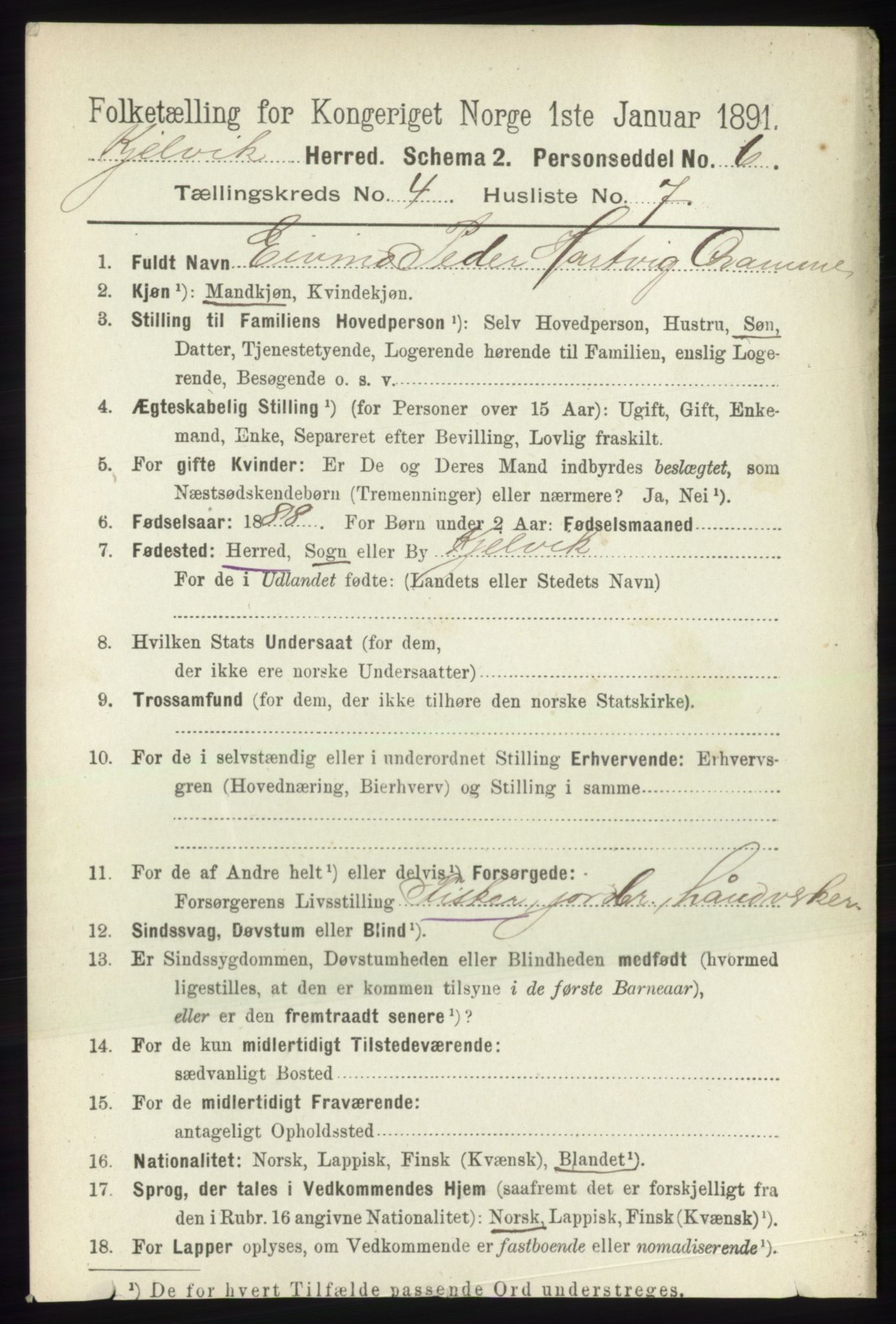 RA, 1891 census for 2019 Kjelvik, 1891, p. 463