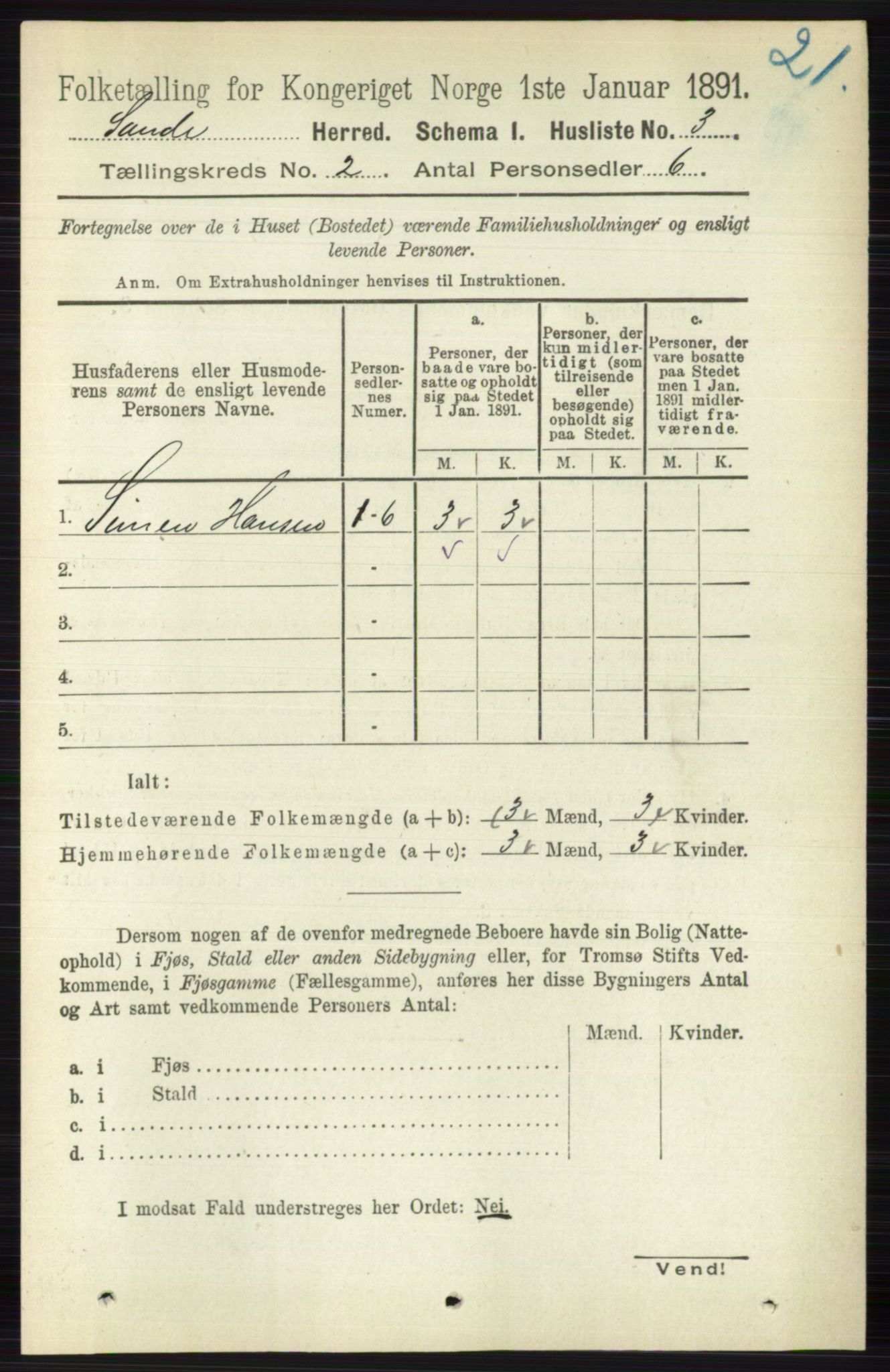 RA, 1891 census for 0713 Sande, 1891, p. 471