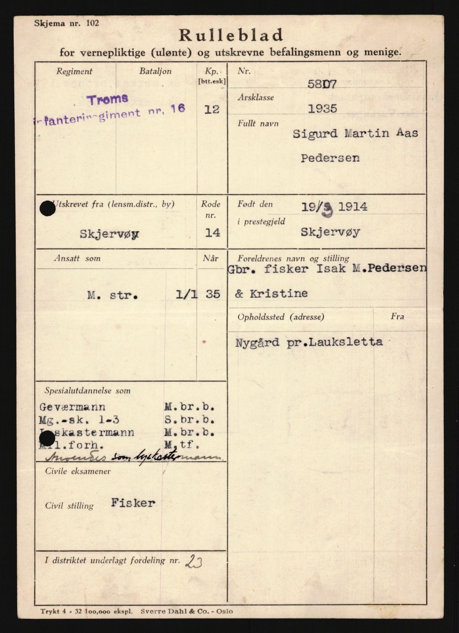 Forsvaret, Troms infanteriregiment nr. 16, AV/RA-RAFA-3146/P/Pa/L0019: Rulleblad for regimentets menige mannskaper, årsklasse 1935, 1935, p. 1023