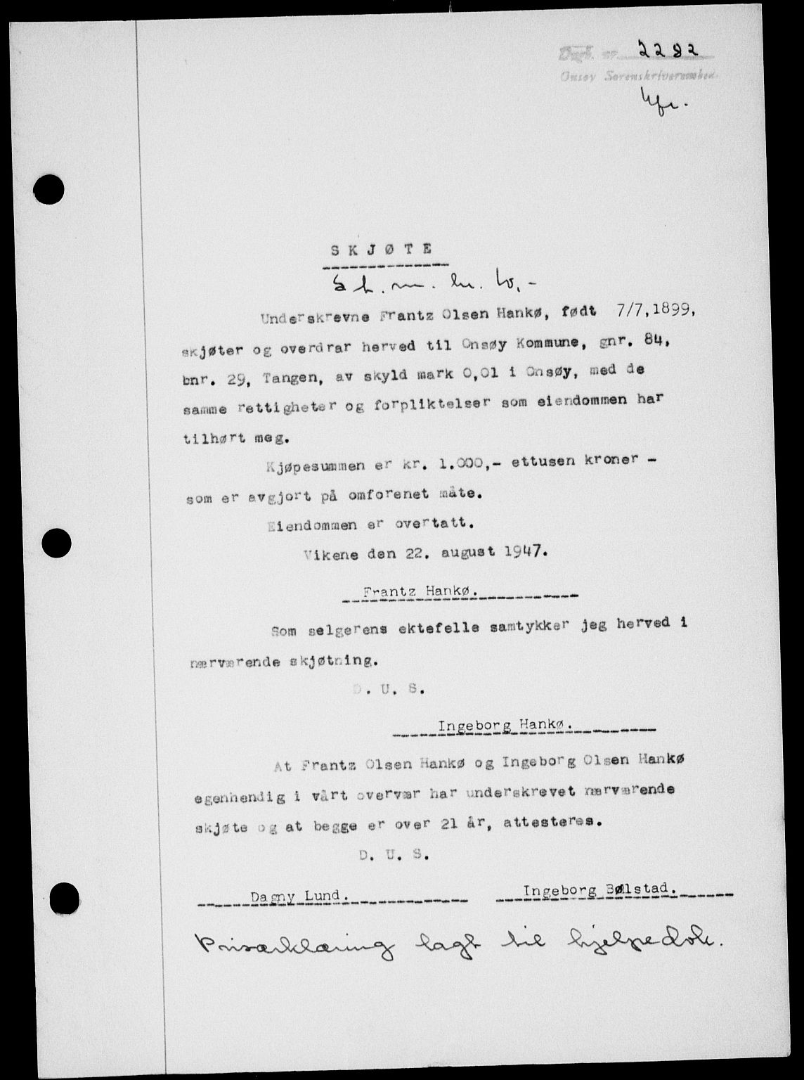 Onsøy sorenskriveri, SAO/A-10474/G/Ga/Gab/L0021: Mortgage book no. II A-21, 1947-1947, Diary no: : 2282/1947