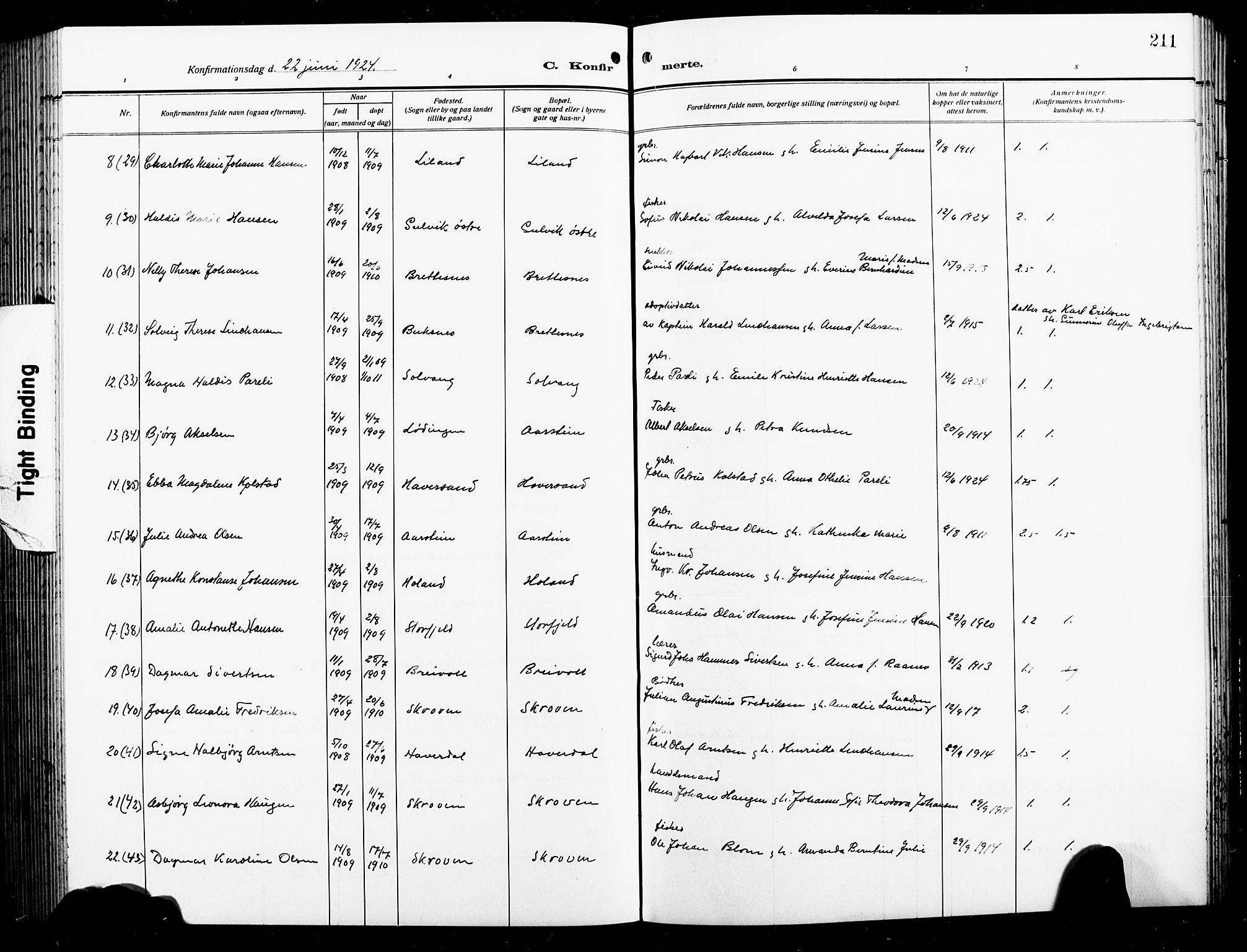 Ministerialprotokoller, klokkerbøker og fødselsregistre - Nordland, AV/SAT-A-1459/874/L1080: Parish register (copy) no. 874C09, 1915-1925, p. 211