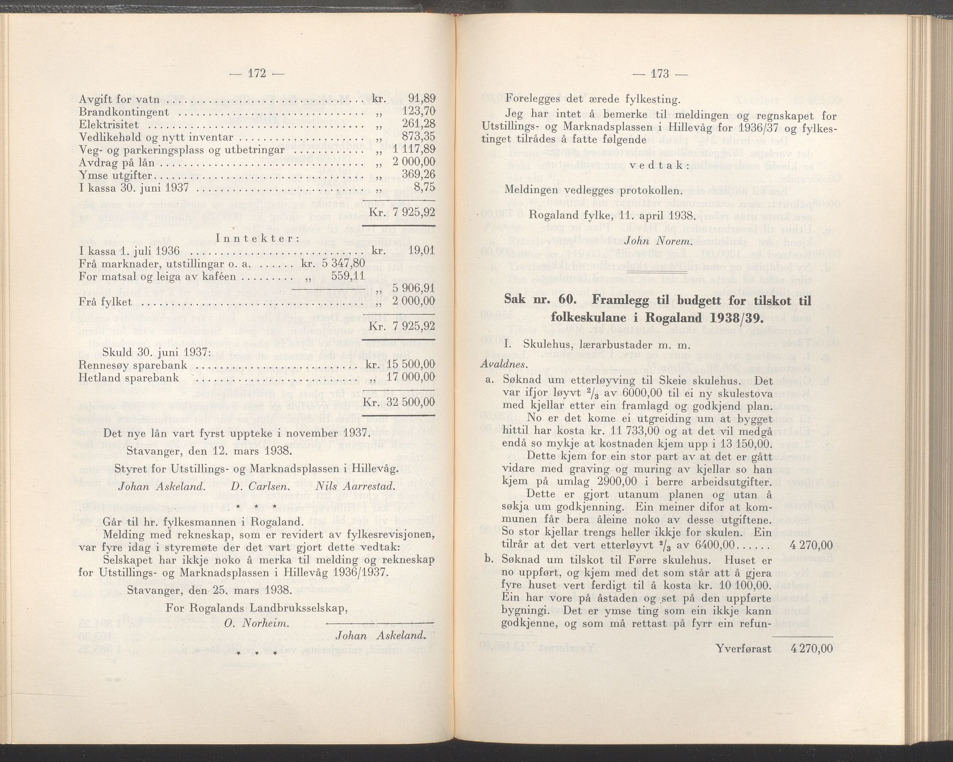 Rogaland fylkeskommune - Fylkesrådmannen , IKAR/A-900/A/Aa/Aaa/L0057: Møtebok , 1938, p. 172-173