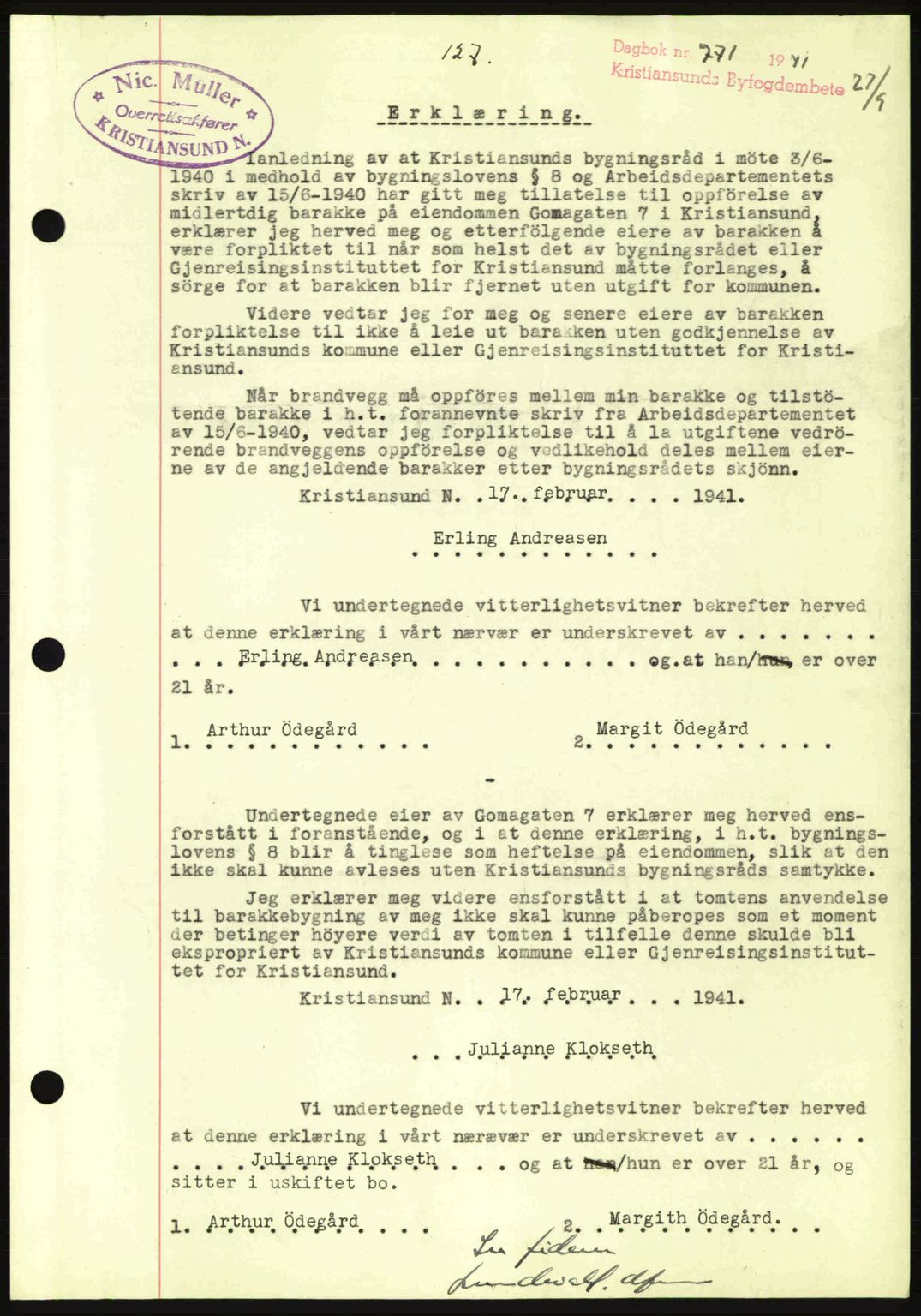 Kristiansund byfogd, AV/SAT-A-4587/A/27: Mortgage book no. 35, 1941-1942, Diary no: : 771/1941