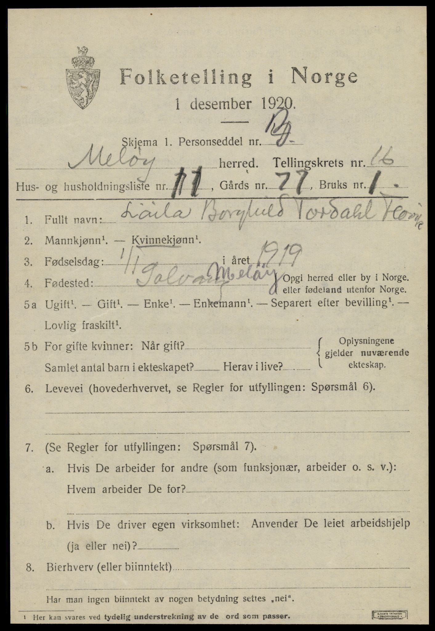 SAT, 1920 census for Meløy, 1920, p. 10379