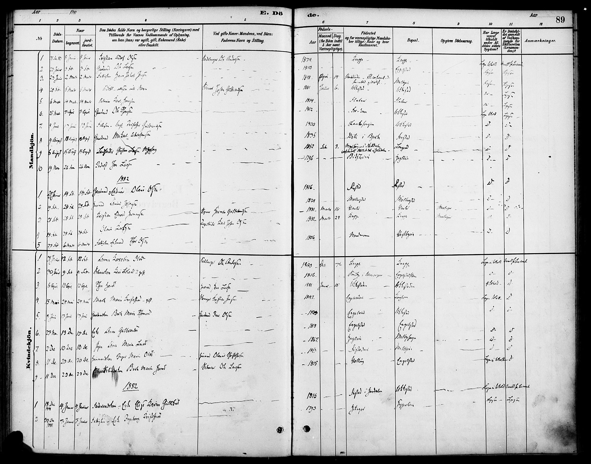 Nannestad prestekontor Kirkebøker, SAO/A-10414a/F/Fa/L0014: Parish register (official) no. I 14, 1881-1890, p. 89