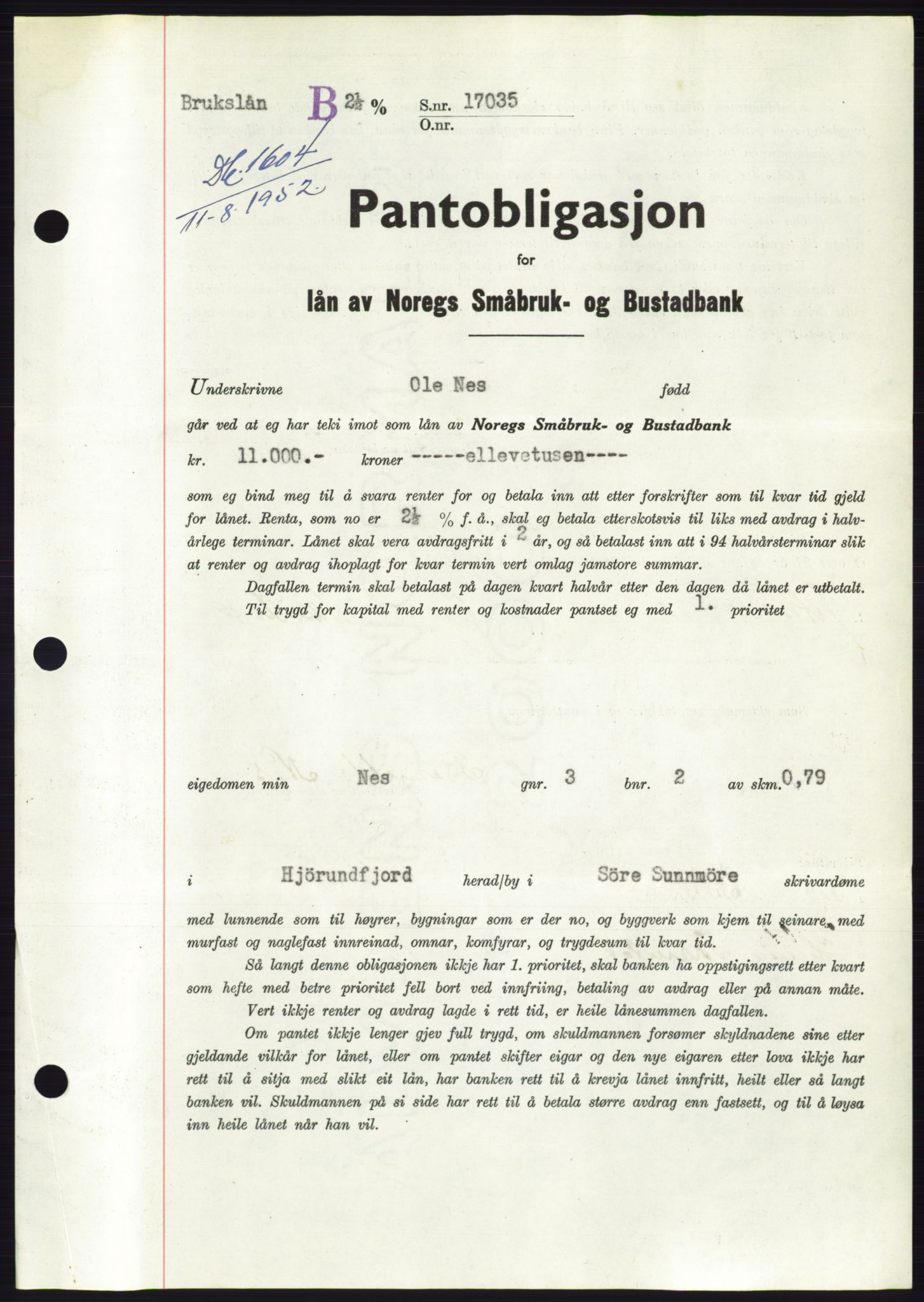 Søre Sunnmøre sorenskriveri, AV/SAT-A-4122/1/2/2C/L0121: Mortgage book no. 9B, 1951-1952, Diary no: : 1604/1952