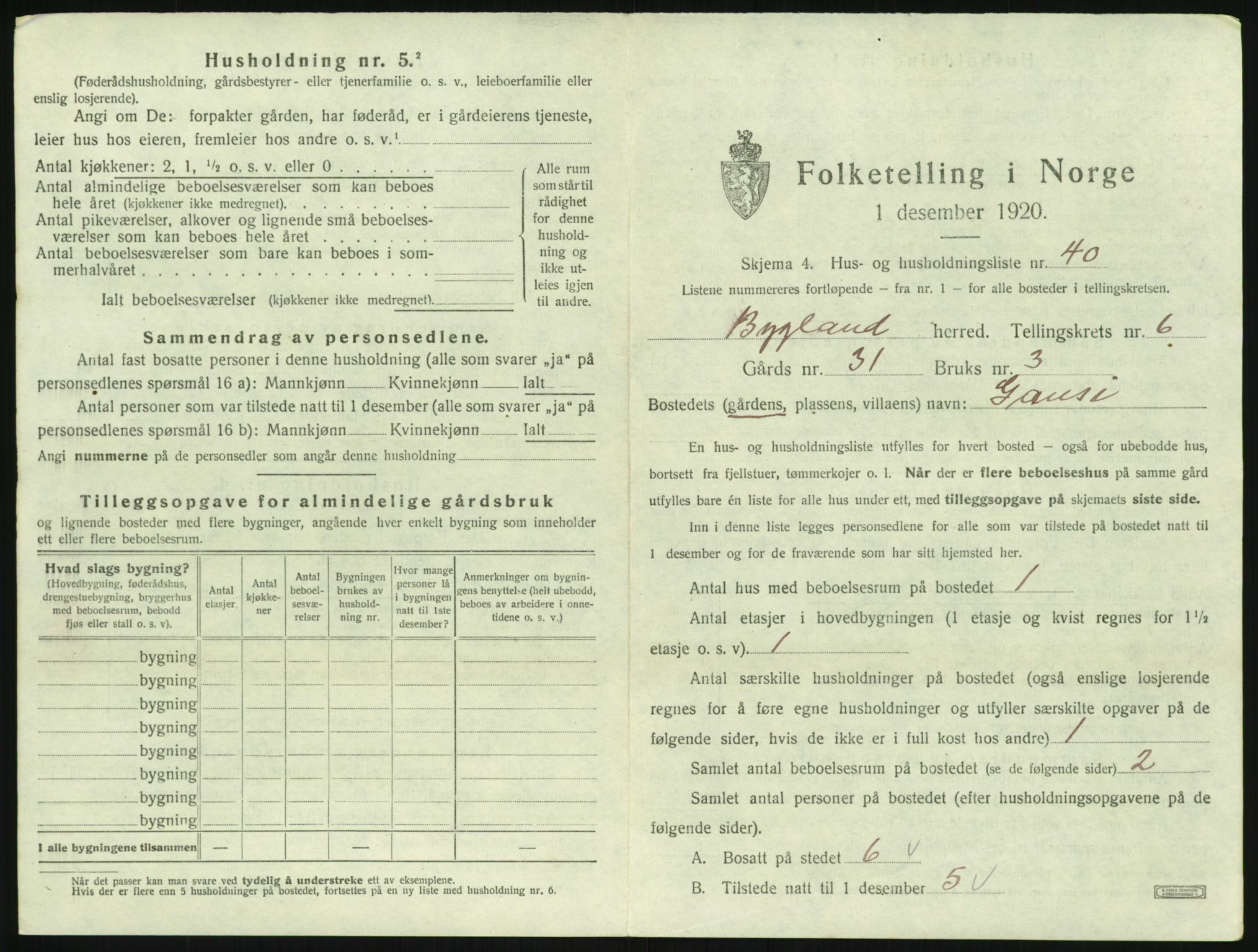 SAK, 1920 census for Bygland, 1920, p. 359