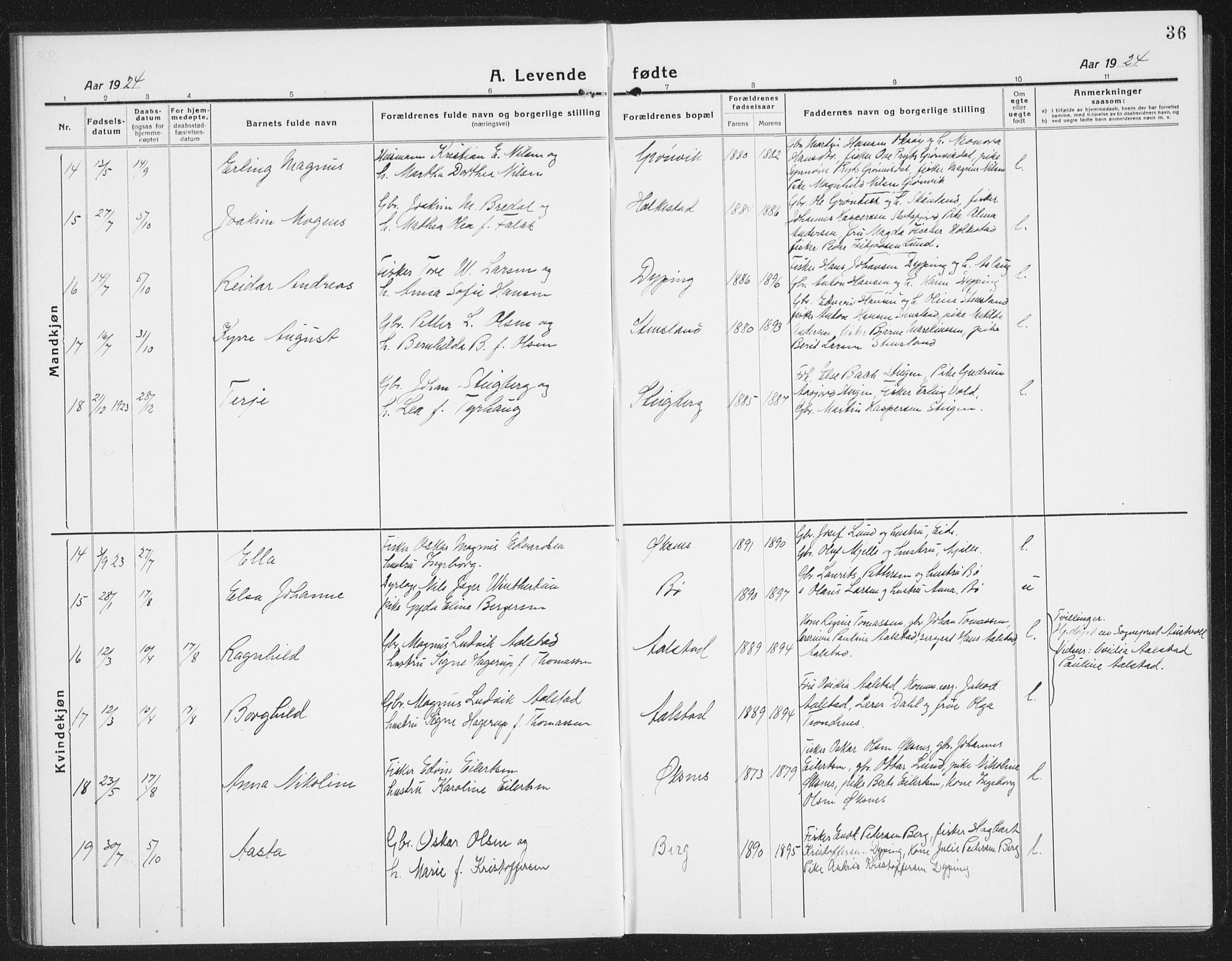 Ministerialprotokoller, klokkerbøker og fødselsregistre - Nordland, AV/SAT-A-1459/855/L0817: Parish register (copy) no. 855C06, 1917-1934, p. 36