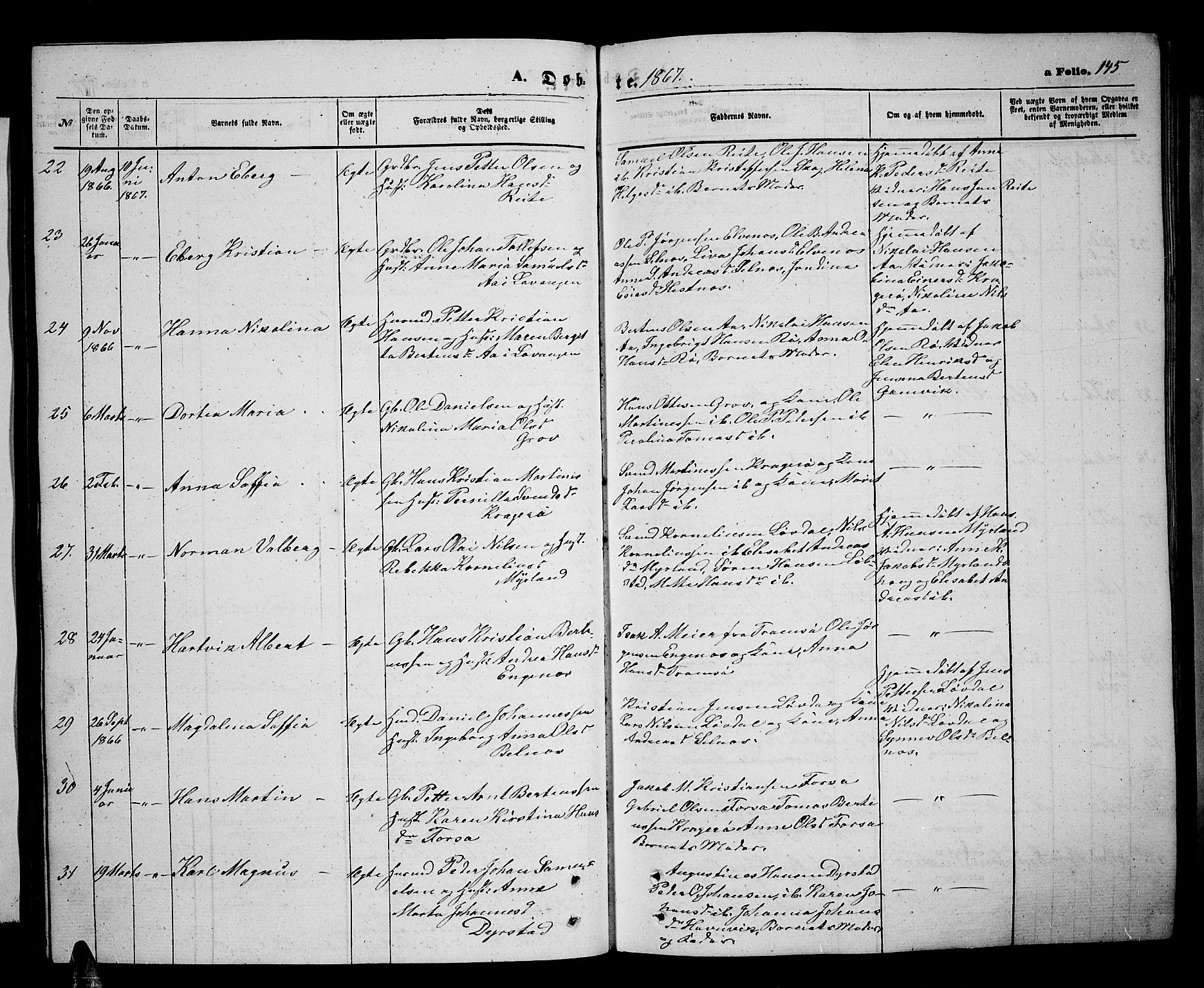 Ibestad sokneprestembete, AV/SATØ-S-0077/H/Ha/Hab/L0005klokker: Parish register (copy) no. 5, 1860-1871, p. 145