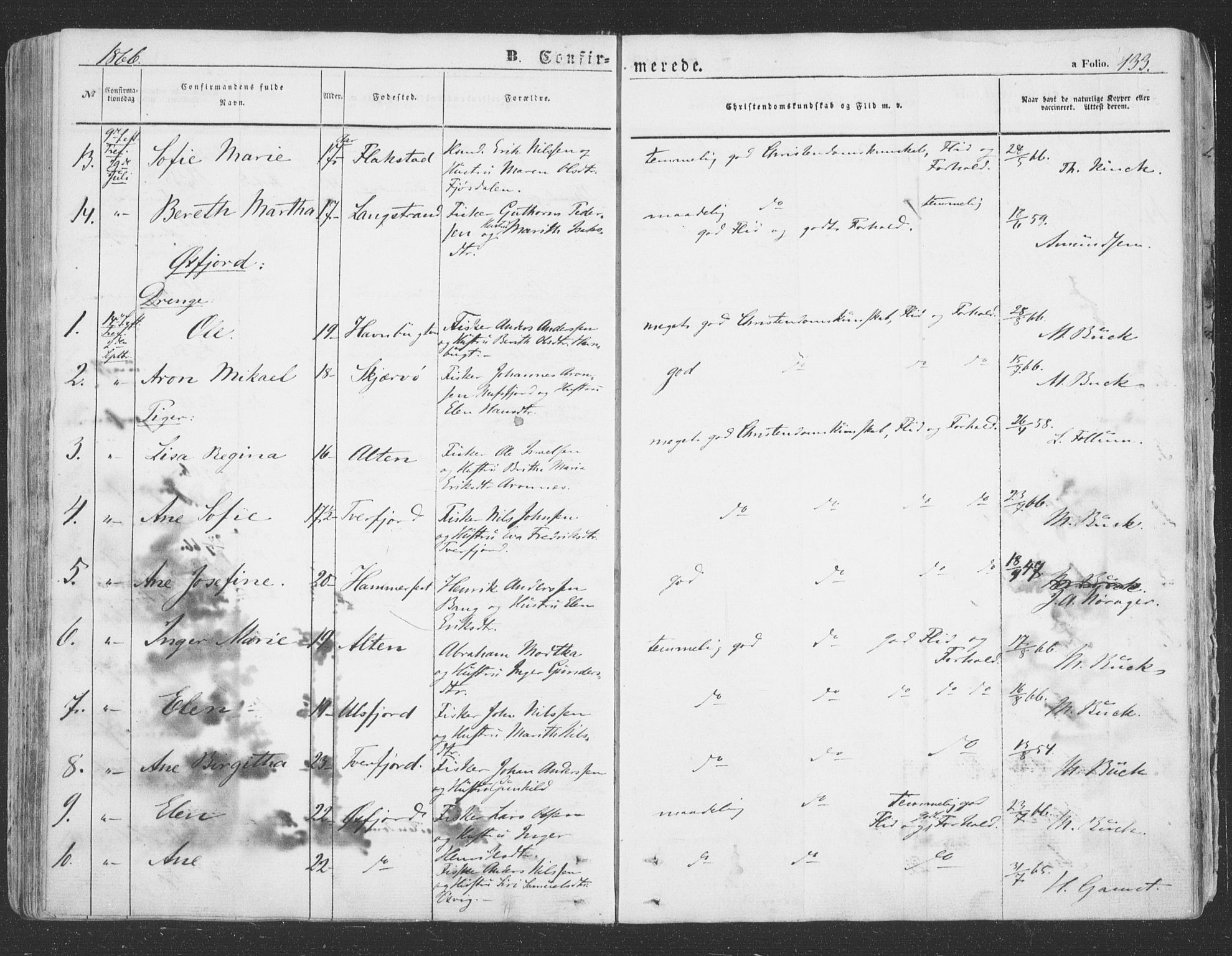 Loppa sokneprestkontor, AV/SATØ-S-1339/H/Ha/L0004kirke: Parish register (official) no. 4, 1849-1868, p. 133