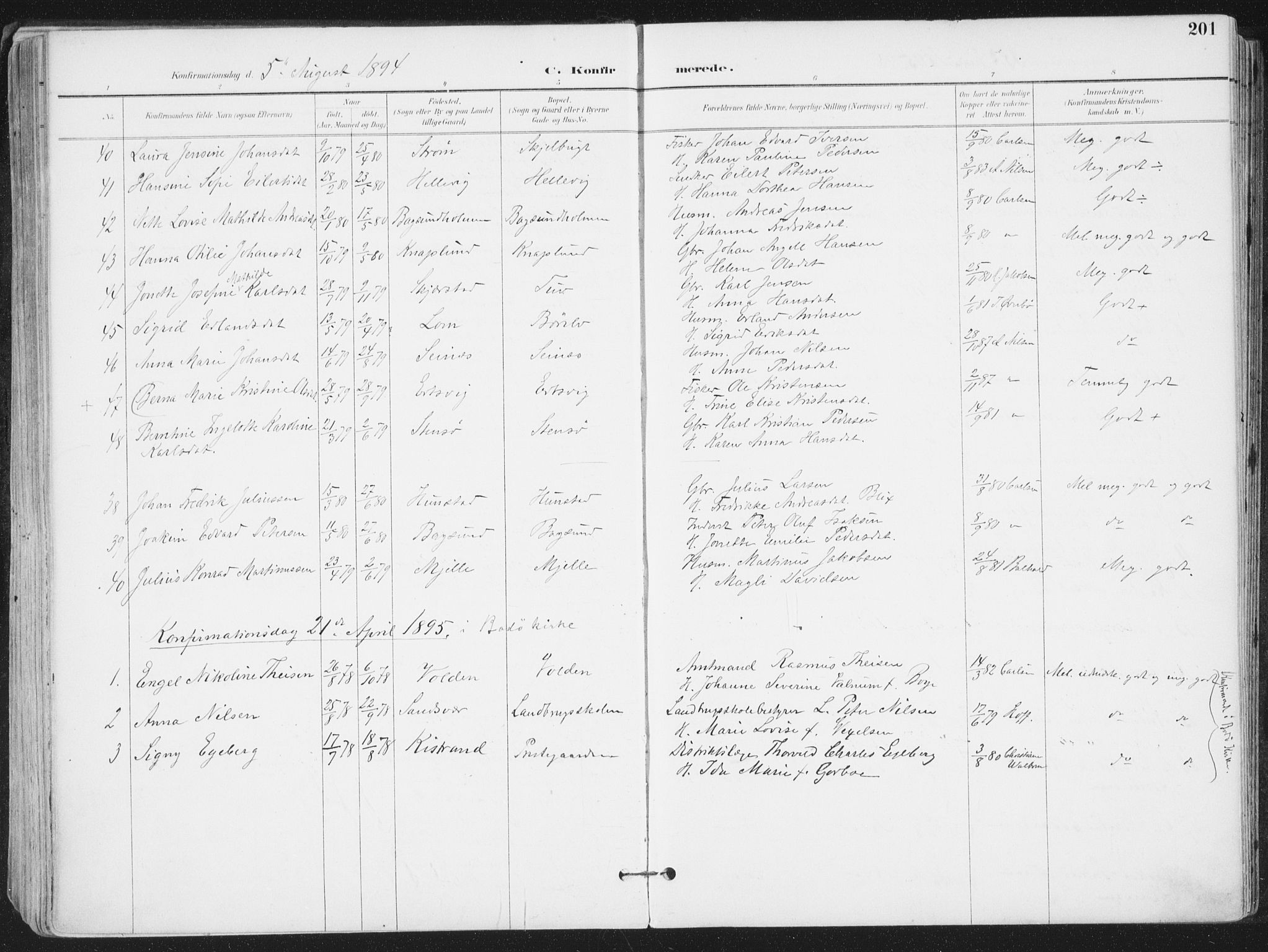 Ministerialprotokoller, klokkerbøker og fødselsregistre - Nordland, SAT/A-1459/802/L0055: Parish register (official) no. 802A02, 1894-1915, p. 201