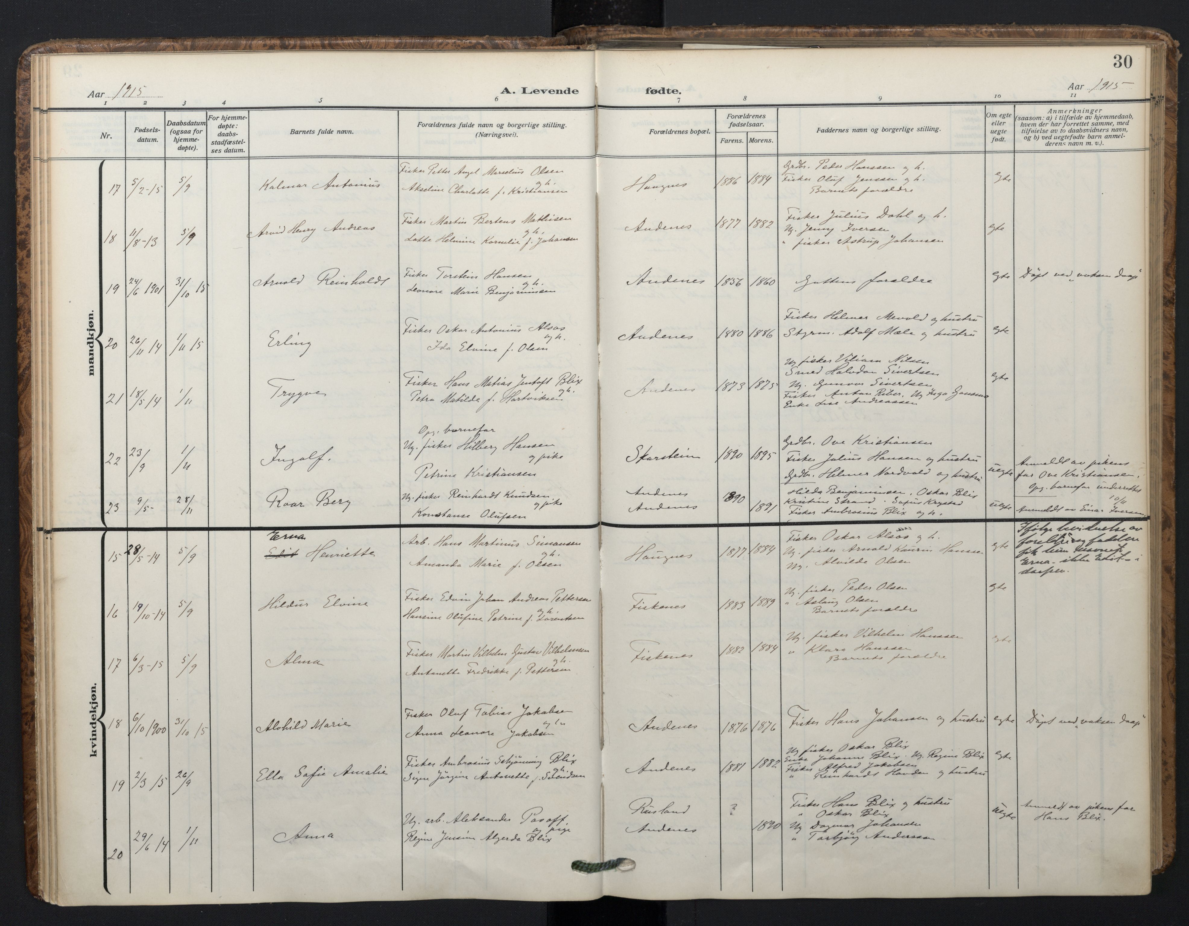 Ministerialprotokoller, klokkerbøker og fødselsregistre - Nordland, SAT/A-1459/899/L1438: Parish register (official) no. 899A06, 1909-1922, p. 30