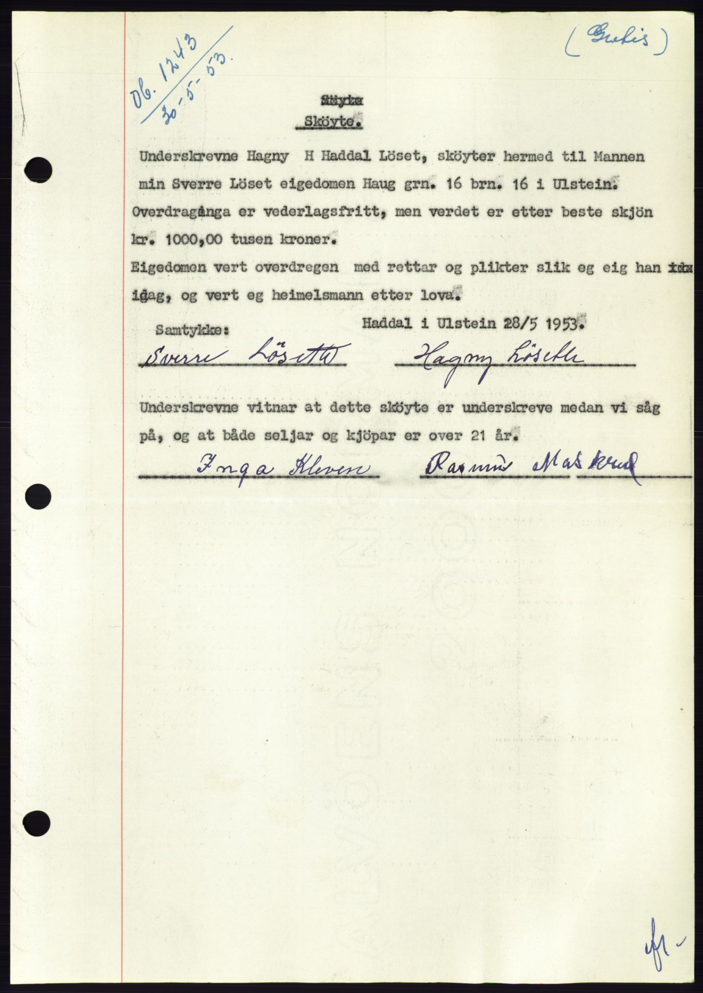 Søre Sunnmøre sorenskriveri, AV/SAT-A-4122/1/2/2C/L0095: Mortgage book no. 21A, 1953-1953, Diary no: : 1243/1953