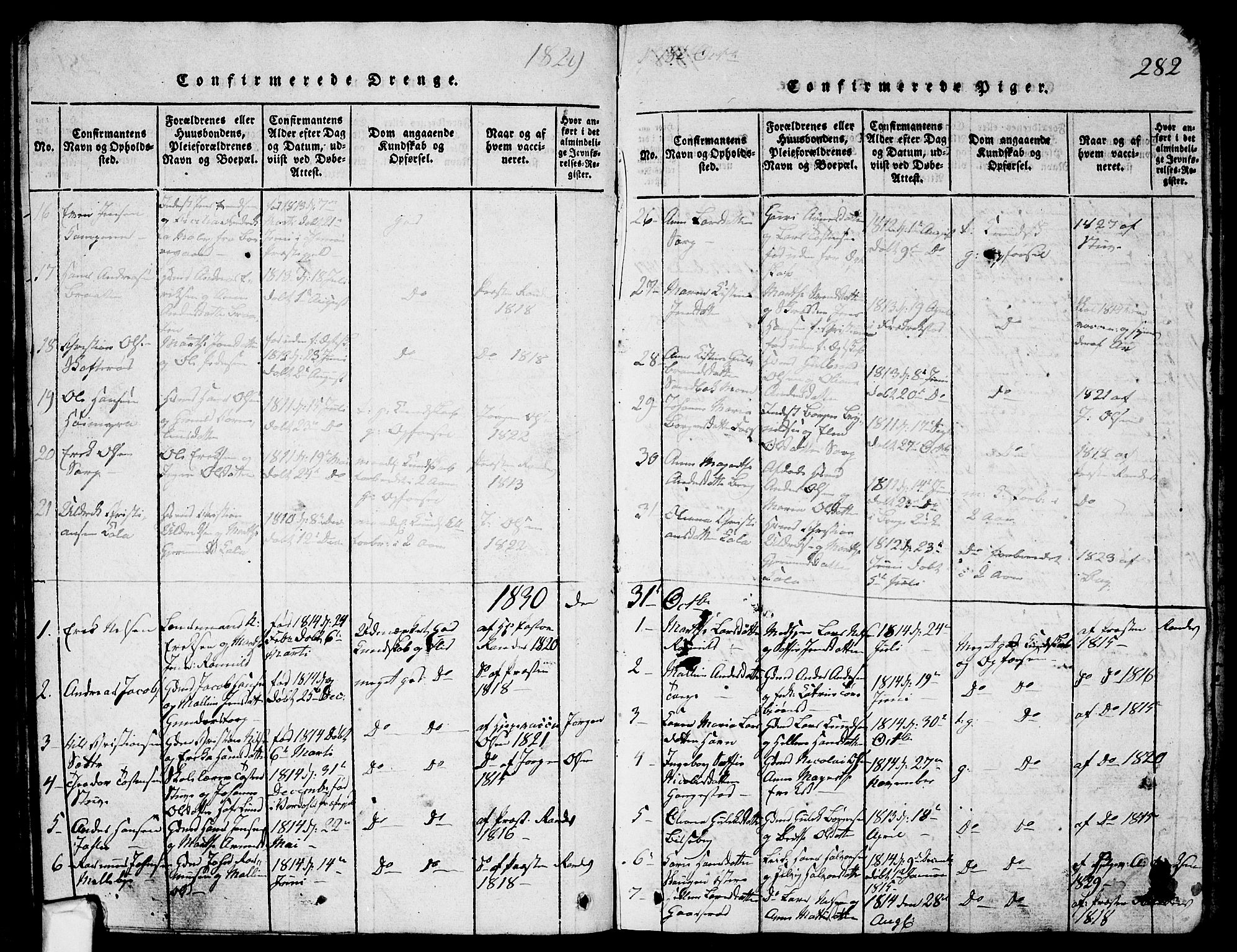 Skjeberg prestekontor Kirkebøker, SAO/A-10923/G/Ga/L0001: Parish register (copy) no. I 1, 1815-1830, p. 282