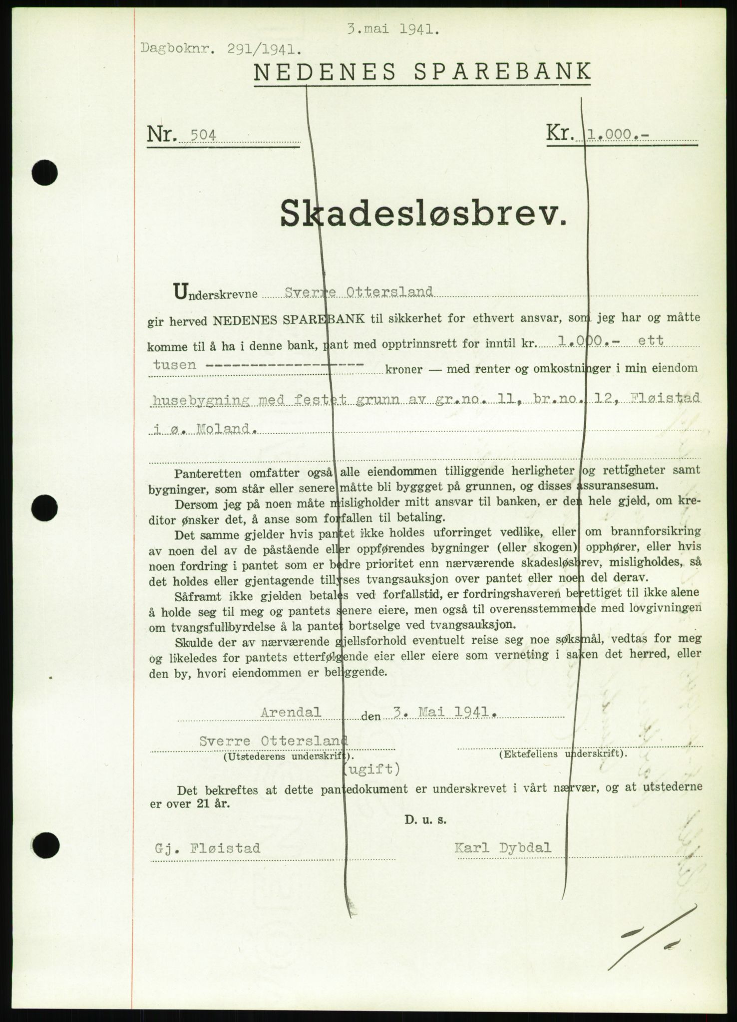 Nedenes sorenskriveri, AV/SAK-1221-0006/G/Gb/Gbb/L0001: Mortgage book no. I, 1939-1942, Diary no: : 291/1941