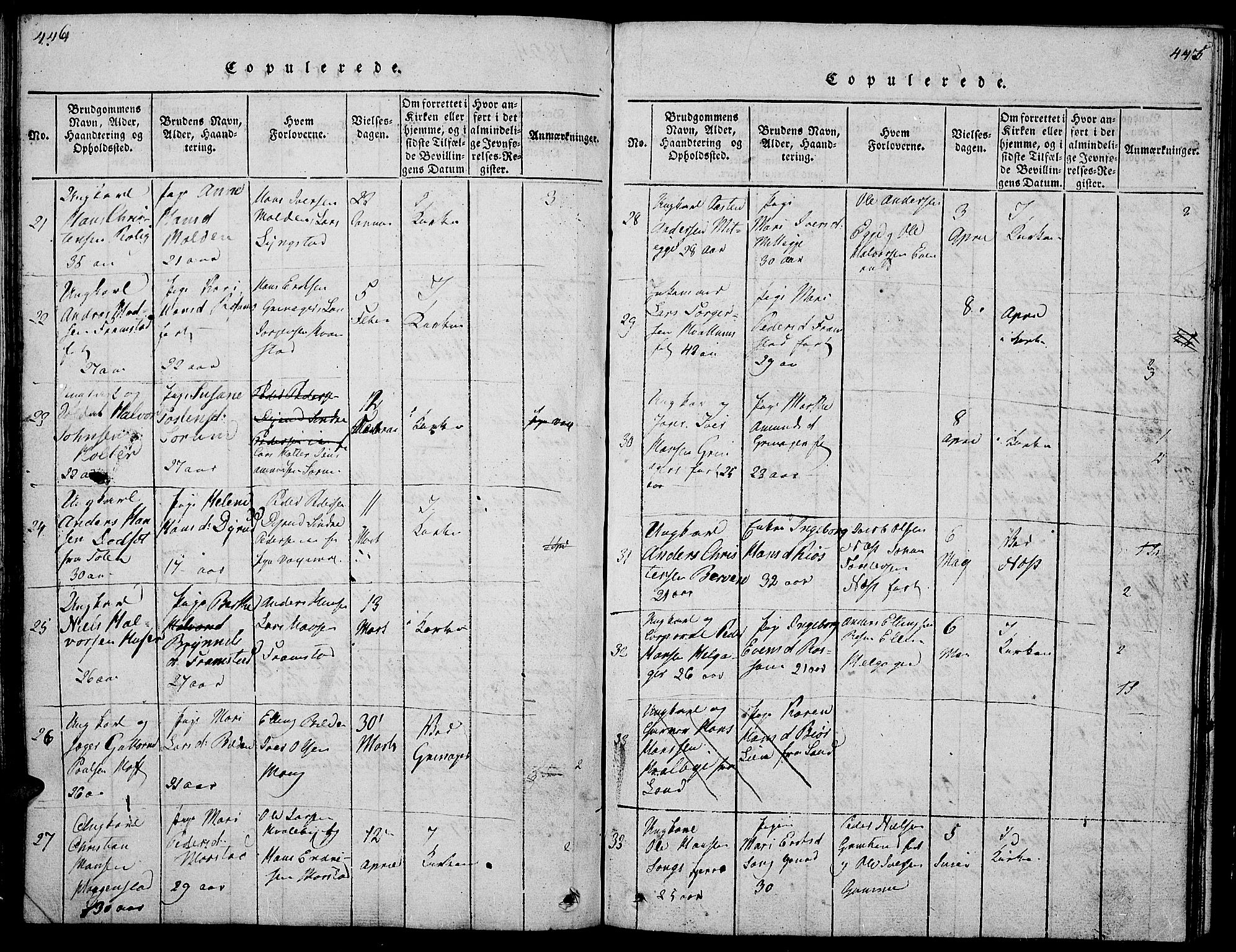 Gran prestekontor, SAH/PREST-112/H/Ha/Hab/L0001: Parish register (copy) no. 1, 1815-1824, p. 444-445