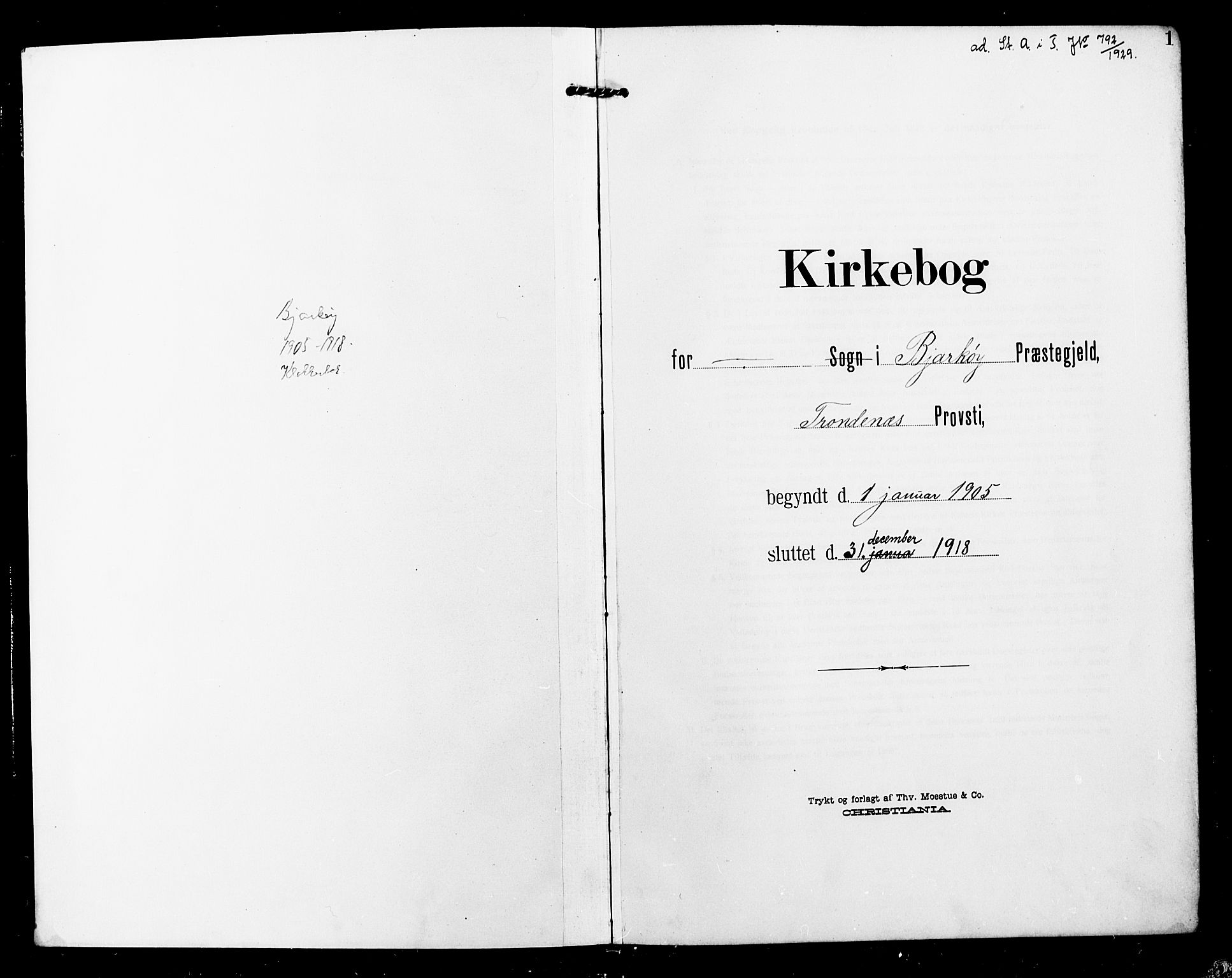 Sand/Bjarkøy sokneprestkontor, SATØ/S-0811/I/Ia/Iab/L0004klokker: Parish register (copy) no. 4, 1905-1918, p. 1
