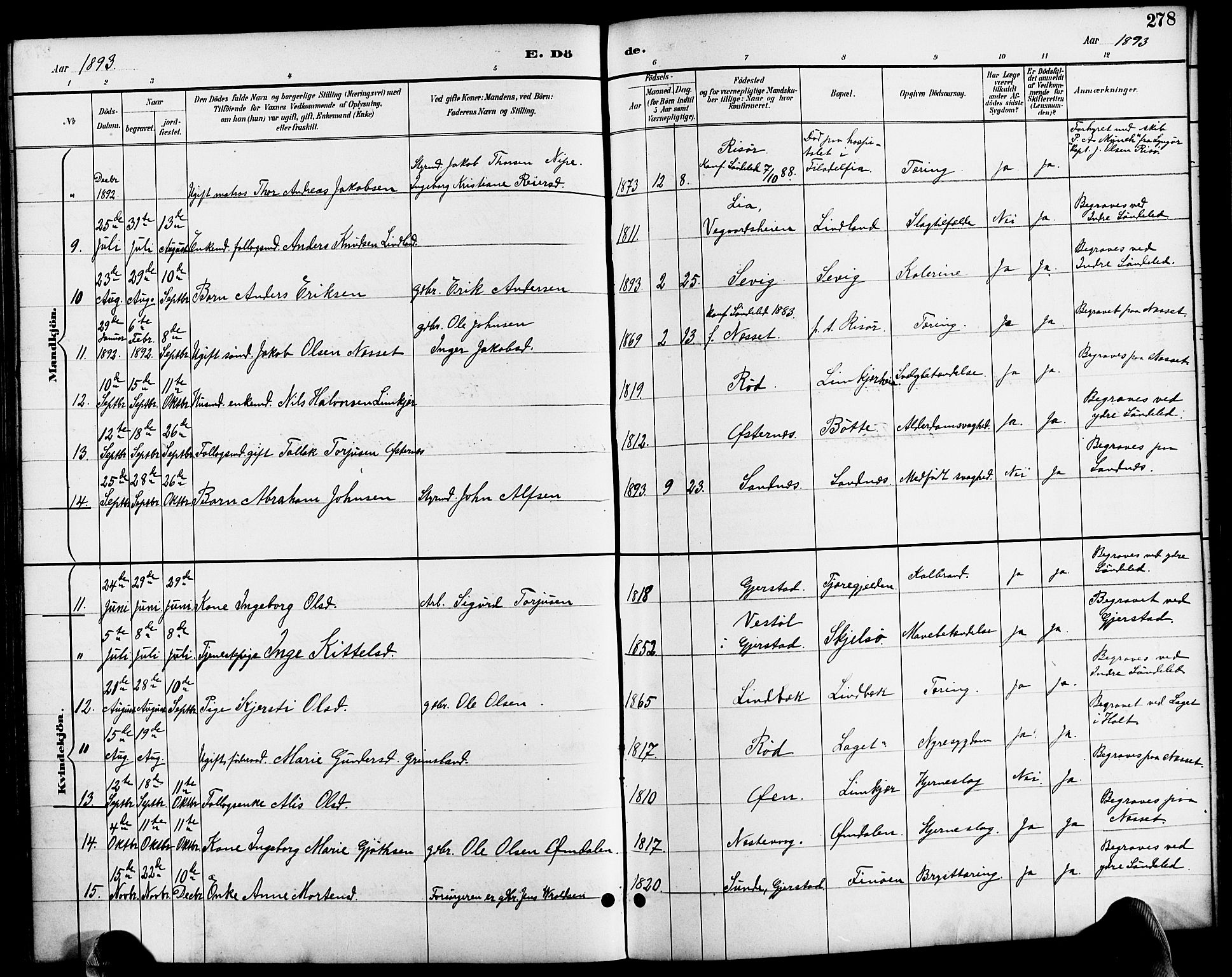 Søndeled sokneprestkontor, AV/SAK-1111-0038/F/Fa/L0005: Parish register (official) no. A 5, 1889-1899, p. 278