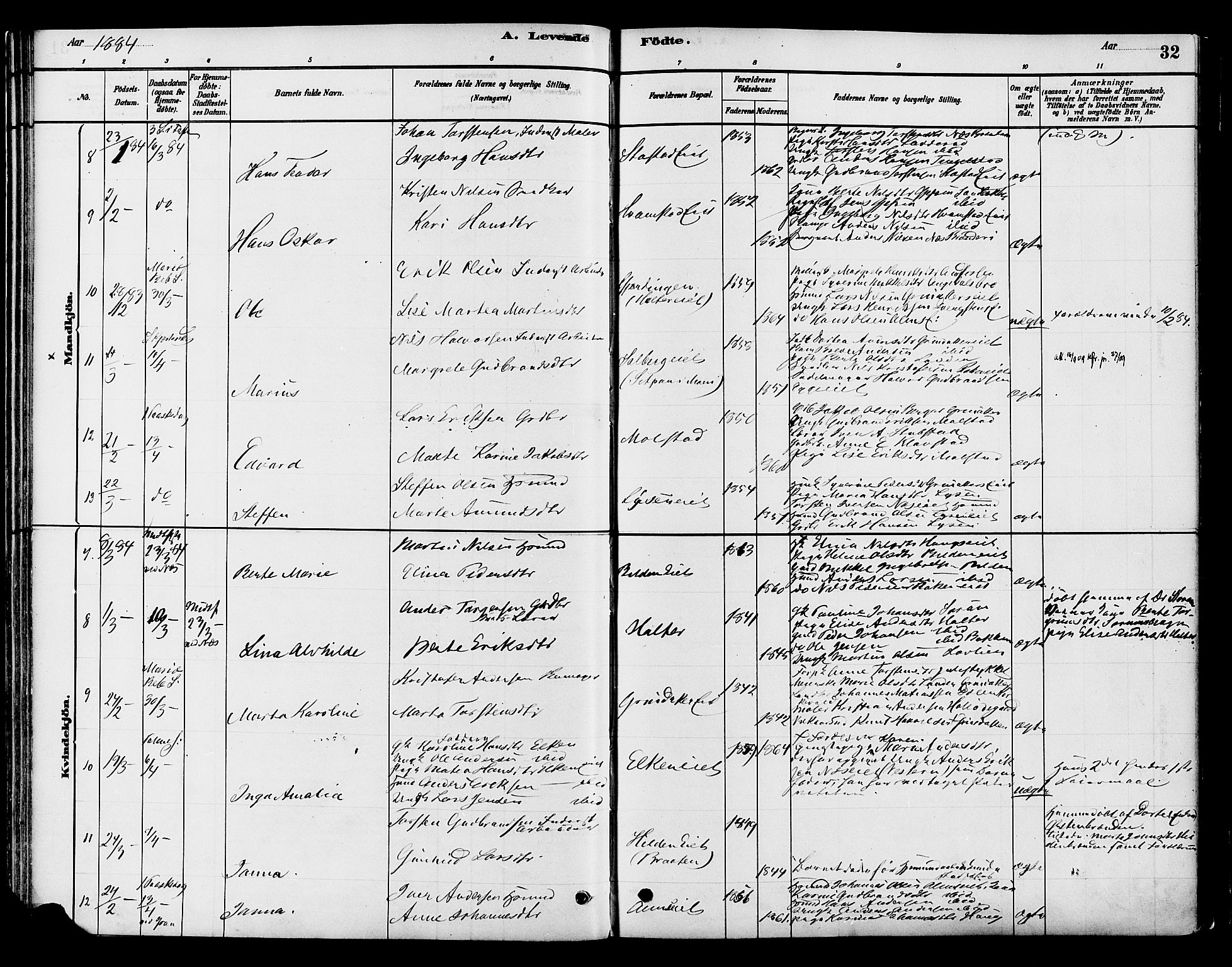 Gran prestekontor, SAH/PREST-112/H/Ha/Haa/L0016: Parish register (official) no. 16, 1880-1888, p. 32