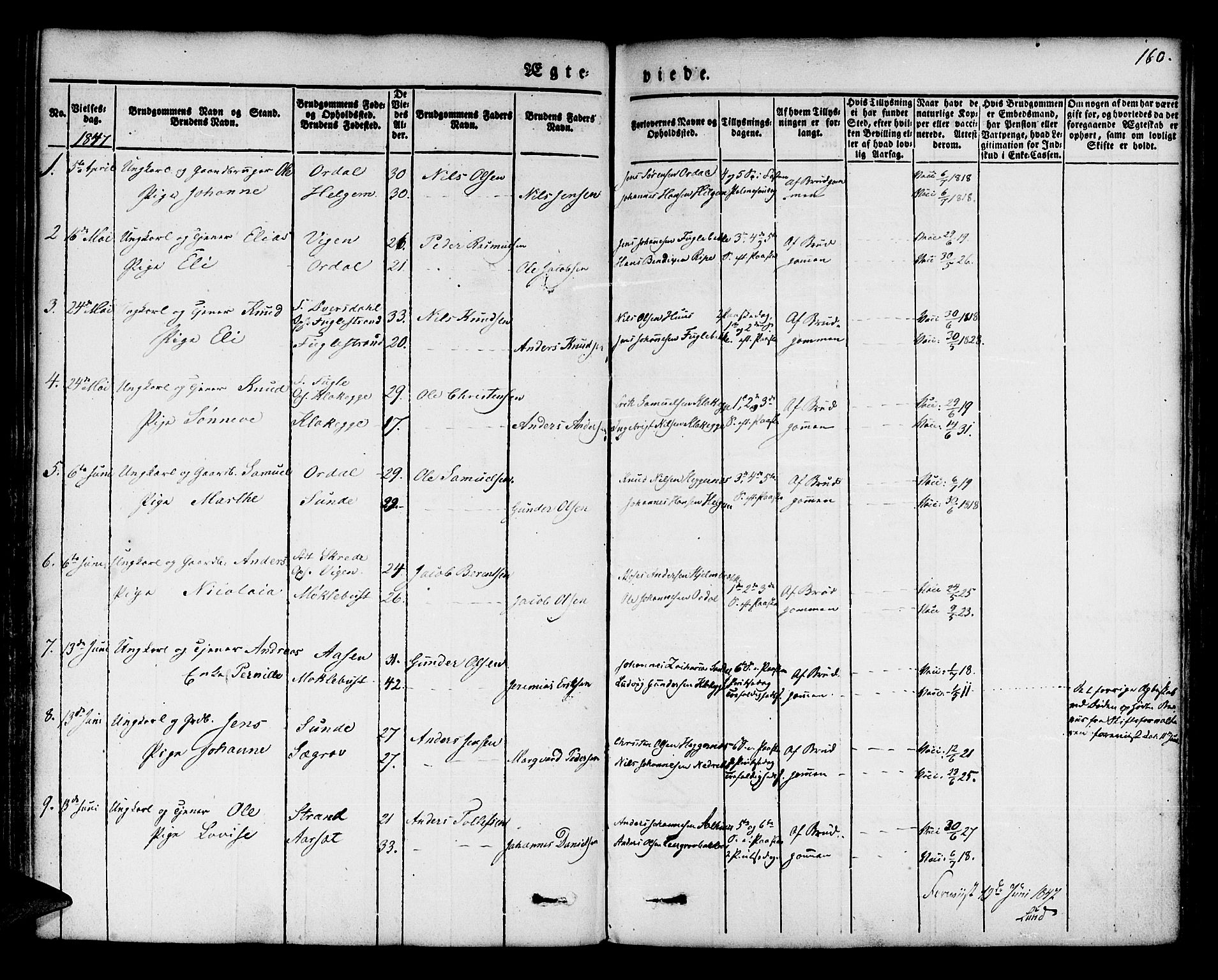 Jølster sokneprestembete, SAB/A-80701/H/Haa/Haaa/L0009: Parish register (official) no. A 9, 1833-1848, p. 160