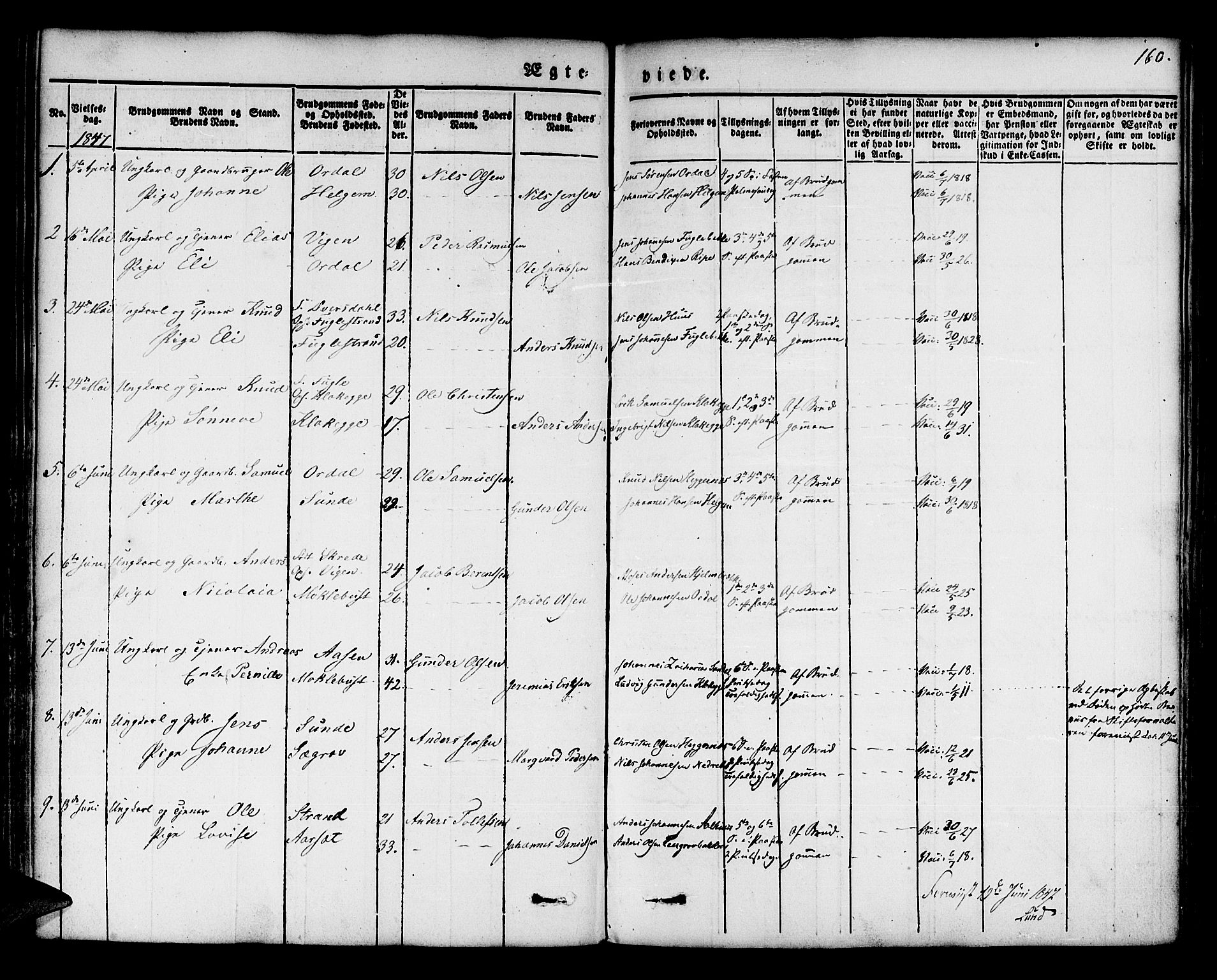 Jølster sokneprestembete, AV/SAB-A-80701/H/Haa/Haaa/L0009: Parish register (official) no. A 9, 1833-1848, p. 160