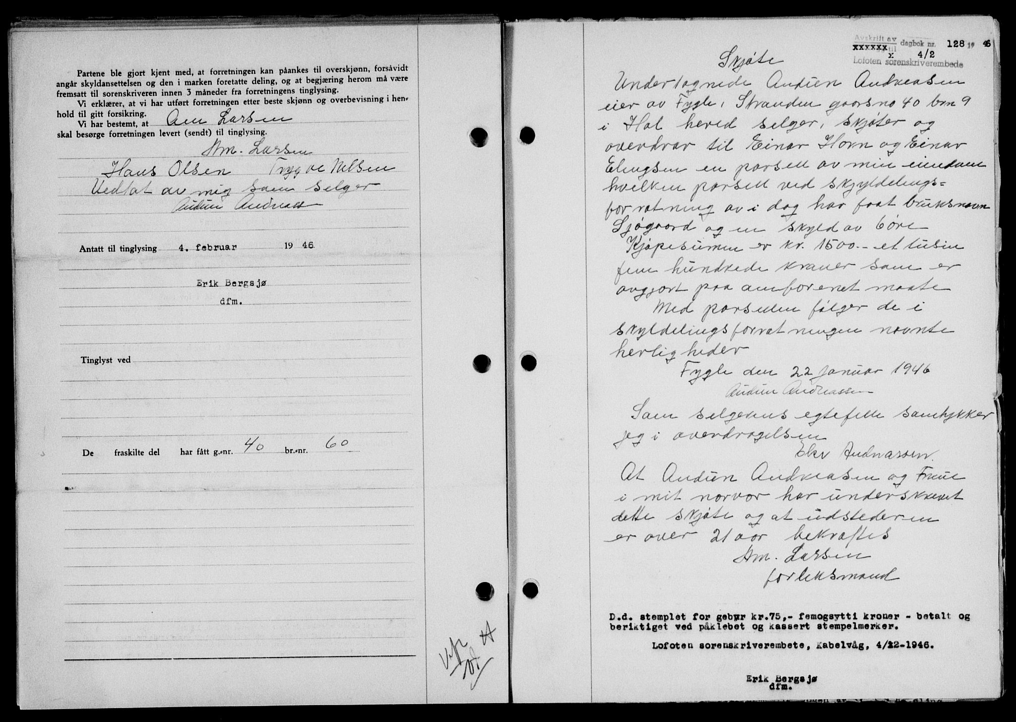 Lofoten sorenskriveri, SAT/A-0017/1/2/2C/L0013a: Mortgage book no. 13a, 1944-1946, Diary no: : 128/1946
