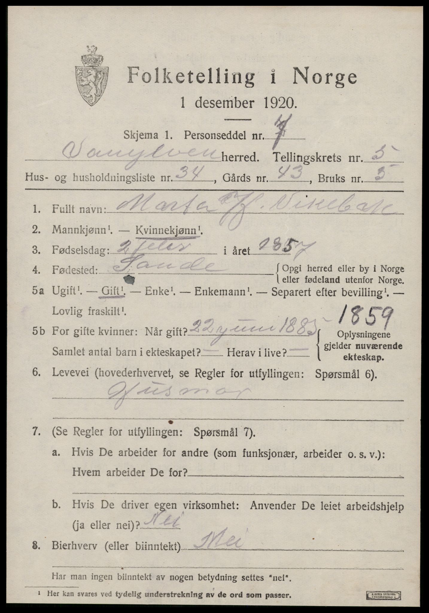 SAT, 1920 census for Vanylven, 1920, p. 3265