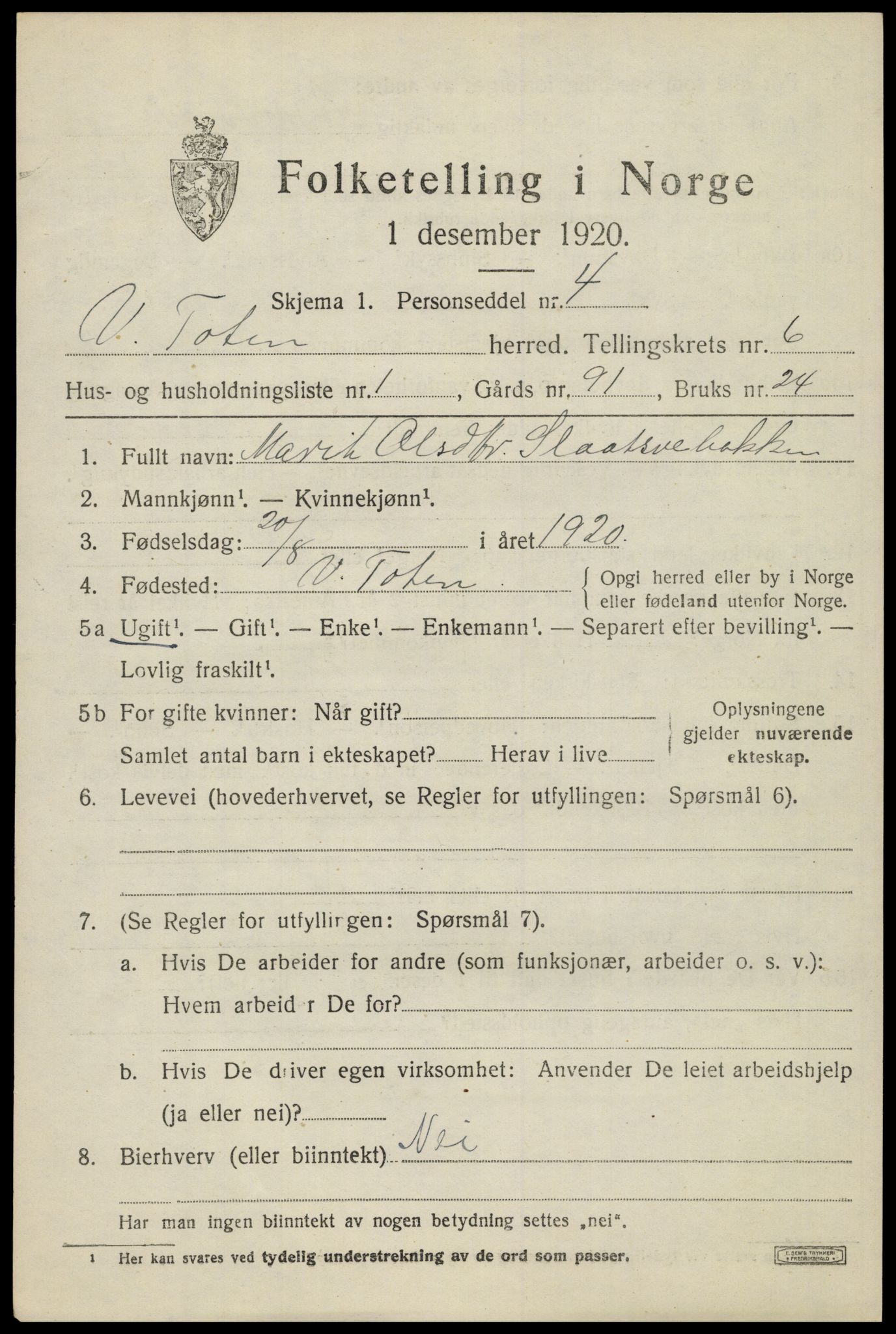 SAH, 1920 census for Vestre Toten, 1920, p. 8190