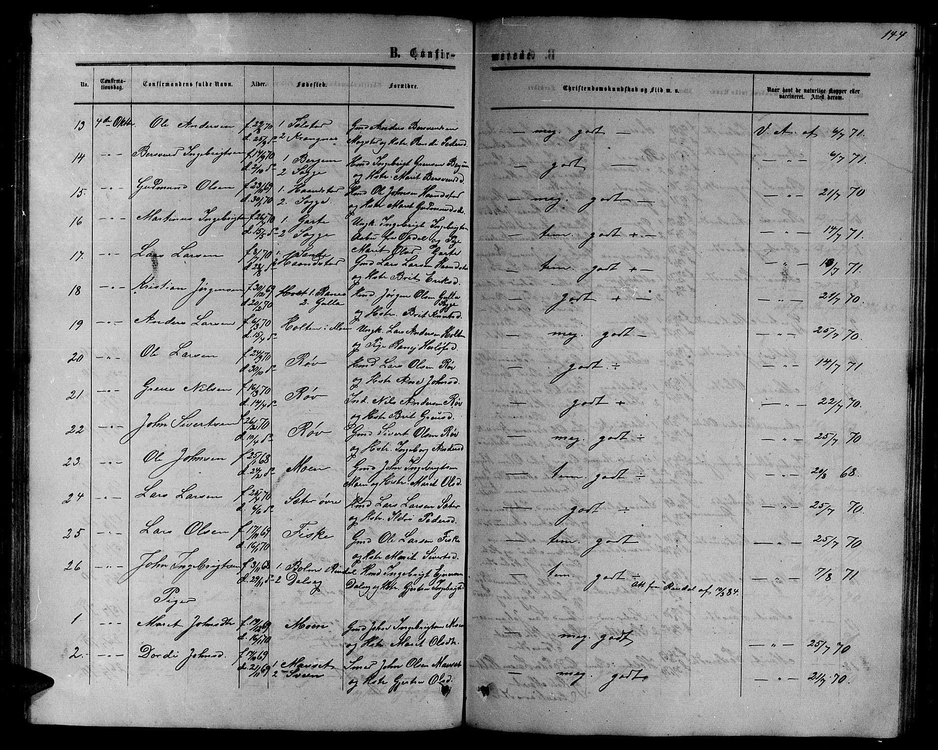 Ministerialprotokoller, klokkerbøker og fødselsregistre - Møre og Romsdal, SAT/A-1454/595/L1051: Parish register (copy) no. 595C03, 1866-1891, p. 144