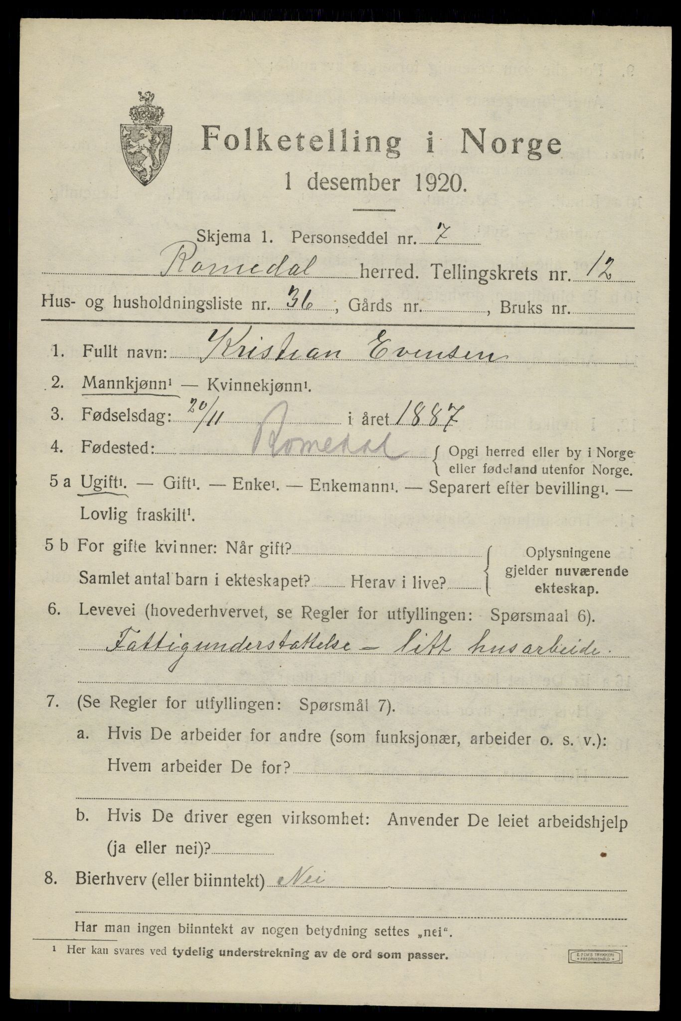 SAH, 1920 census for Romedal, 1920, p. 12949