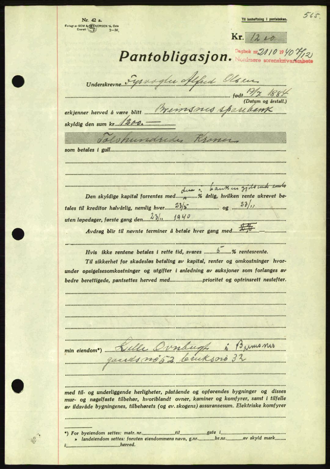 Nordmøre sorenskriveri, AV/SAT-A-4132/1/2/2Ca: Mortgage book no. B87, 1940-1941, Diary no: : 2110/1940